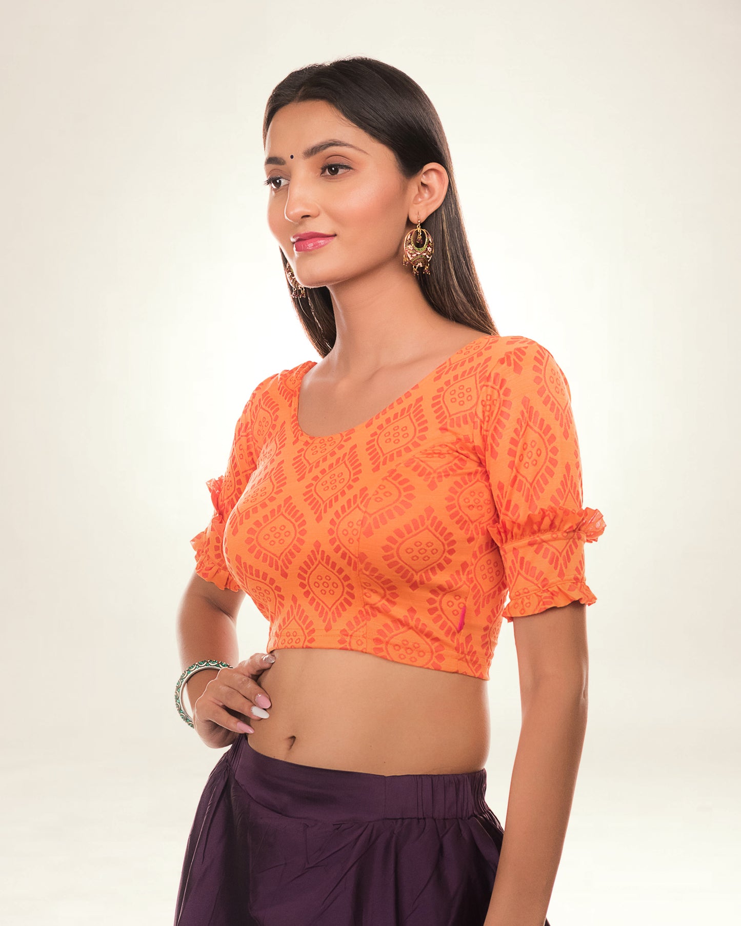 Shehzaadi Double Frill Detail At Elbow Stretchable Slip On Blouse