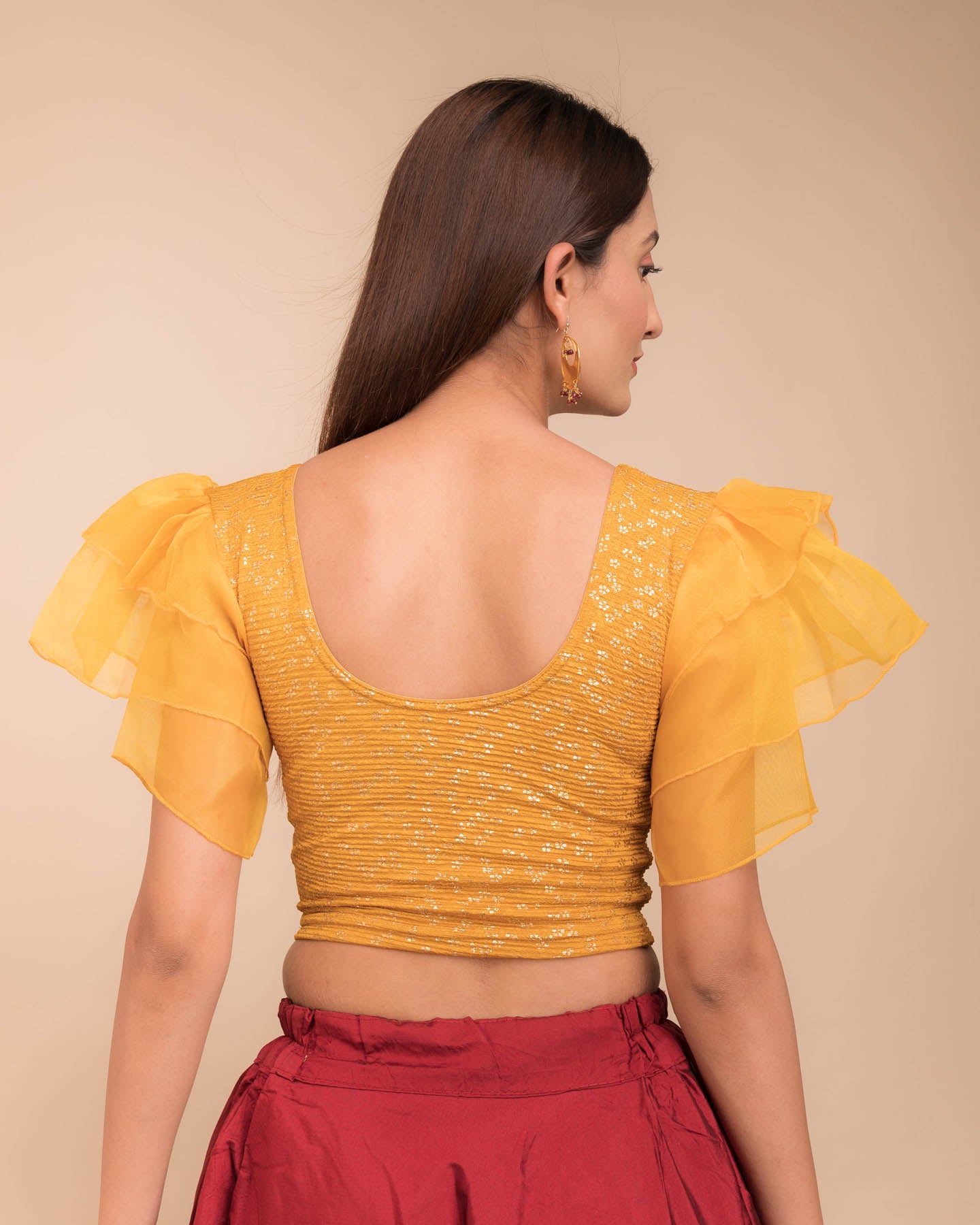 Koel Gold Flower Multi Layer Organza Frill Stretchable Slip On Blouse