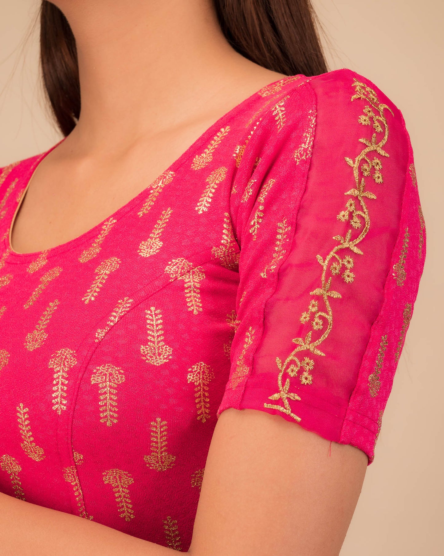 Kaashi Zari Embroidery on Metallic Gold Print Stretchable Slip On Blouse