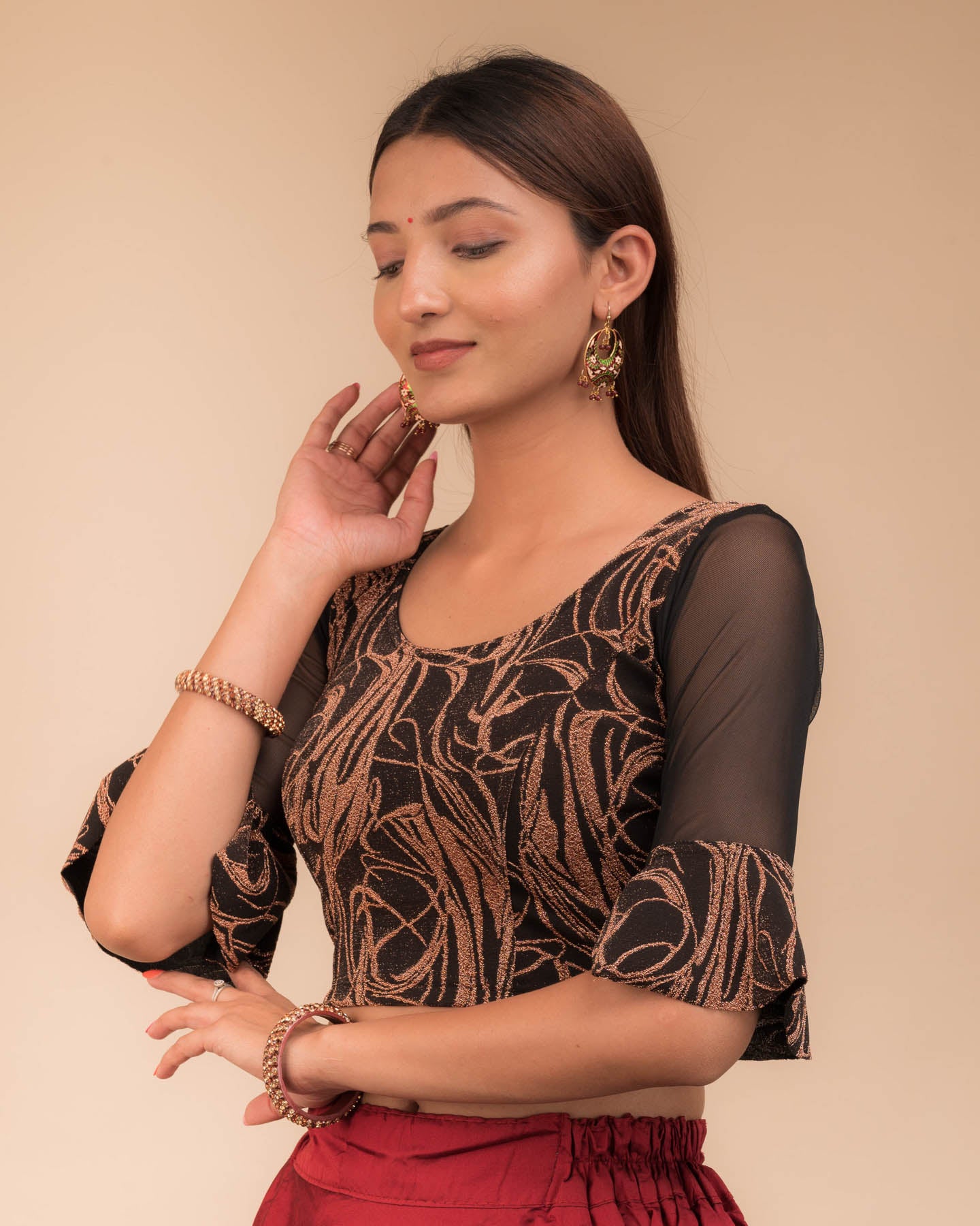 Takshila Fancy Zari Flower appliqué detail Stretchable Slip On Blouse