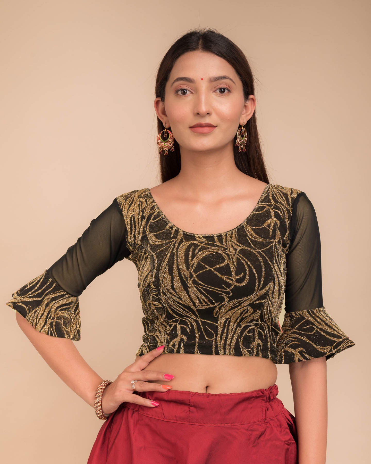 Takshila Fancy Zari Flower appliqué detail Stretchable Slip On Blouse