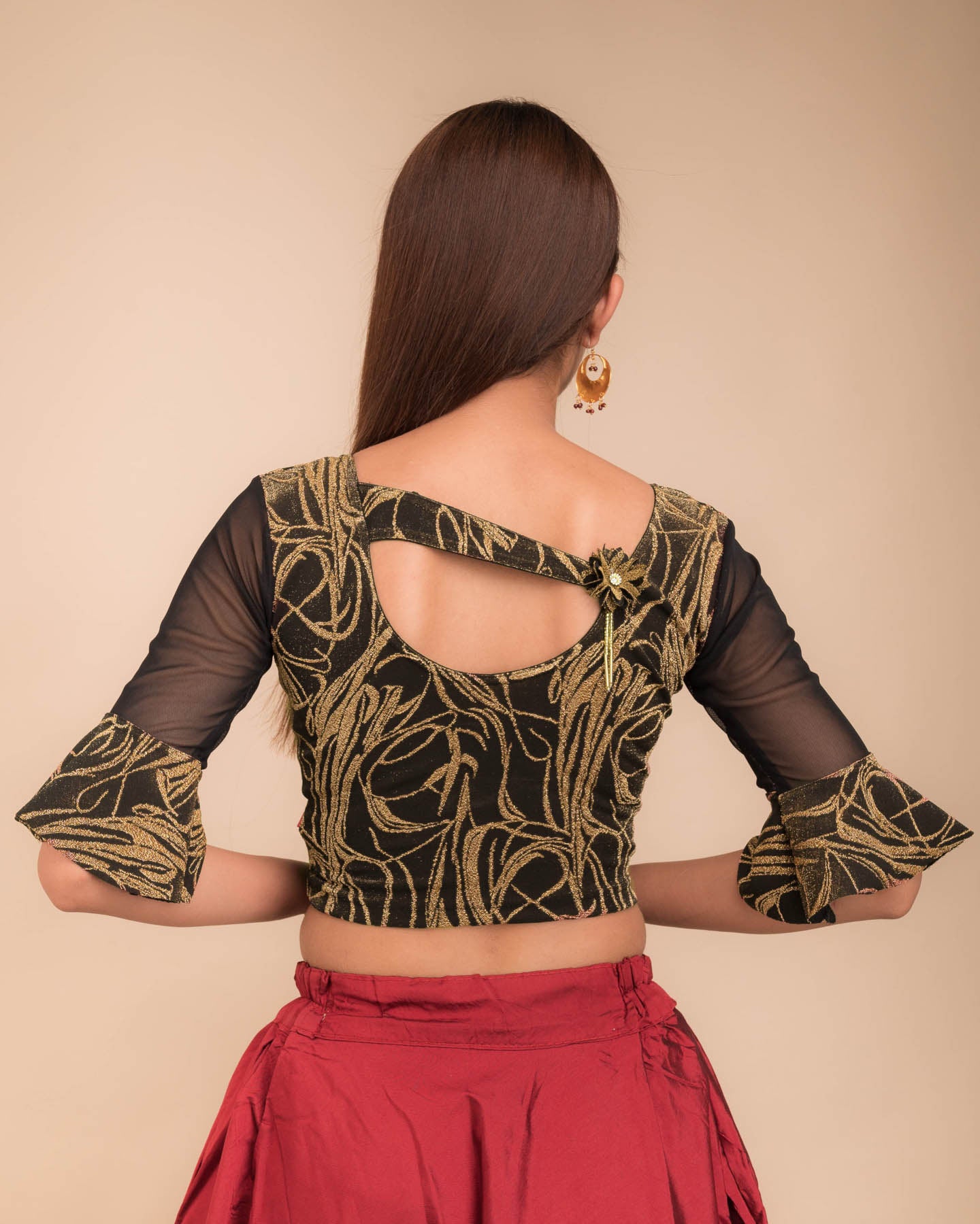 Takshila Fancy Zari Flower appliqué detail Stretchable Slip On Blouse