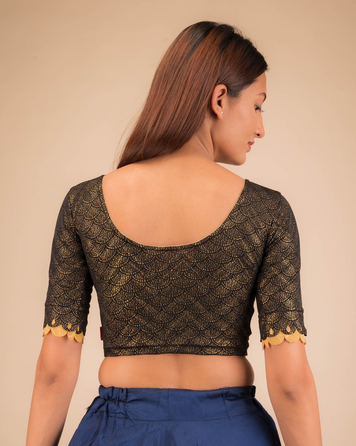 Raas Gold Foil Fancy Scallop Sleeve Stretchable Slip On Blouse