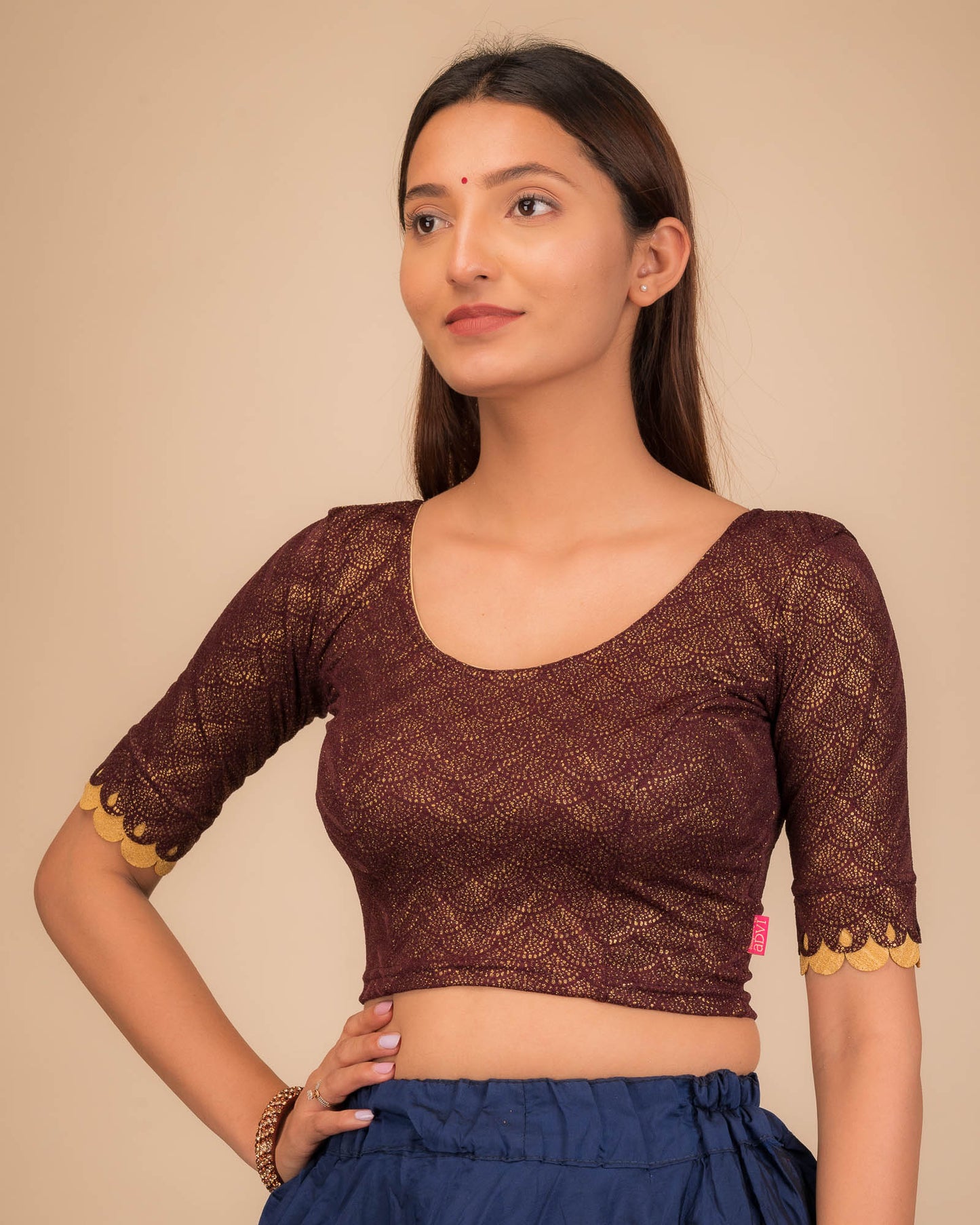 Raas Gold Foil Fancy Scallop Sleeve Stretchable Slip On Blouse