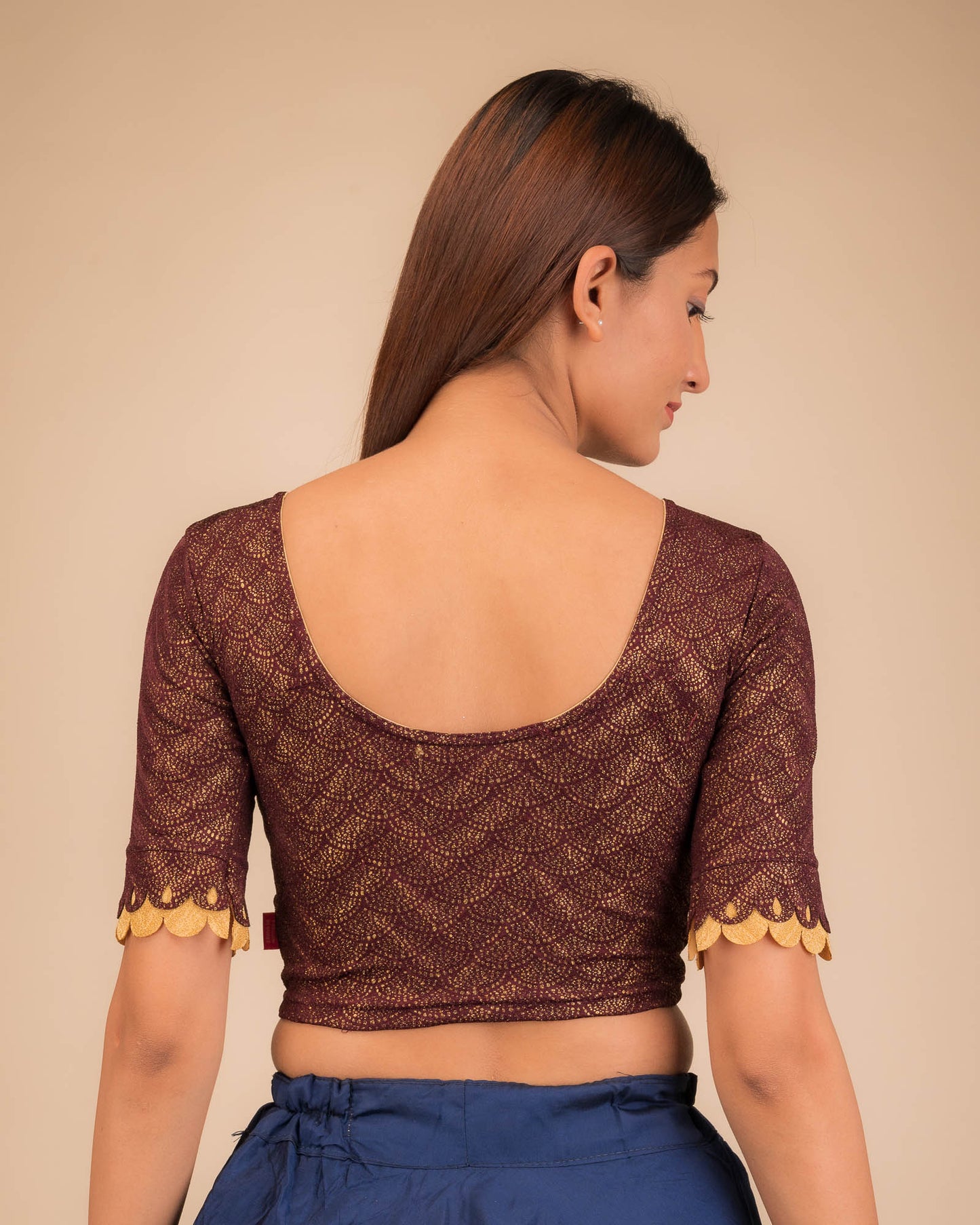 Raas Gold Foil Fancy Scallop Sleeve Stretchable Slip On Blouse