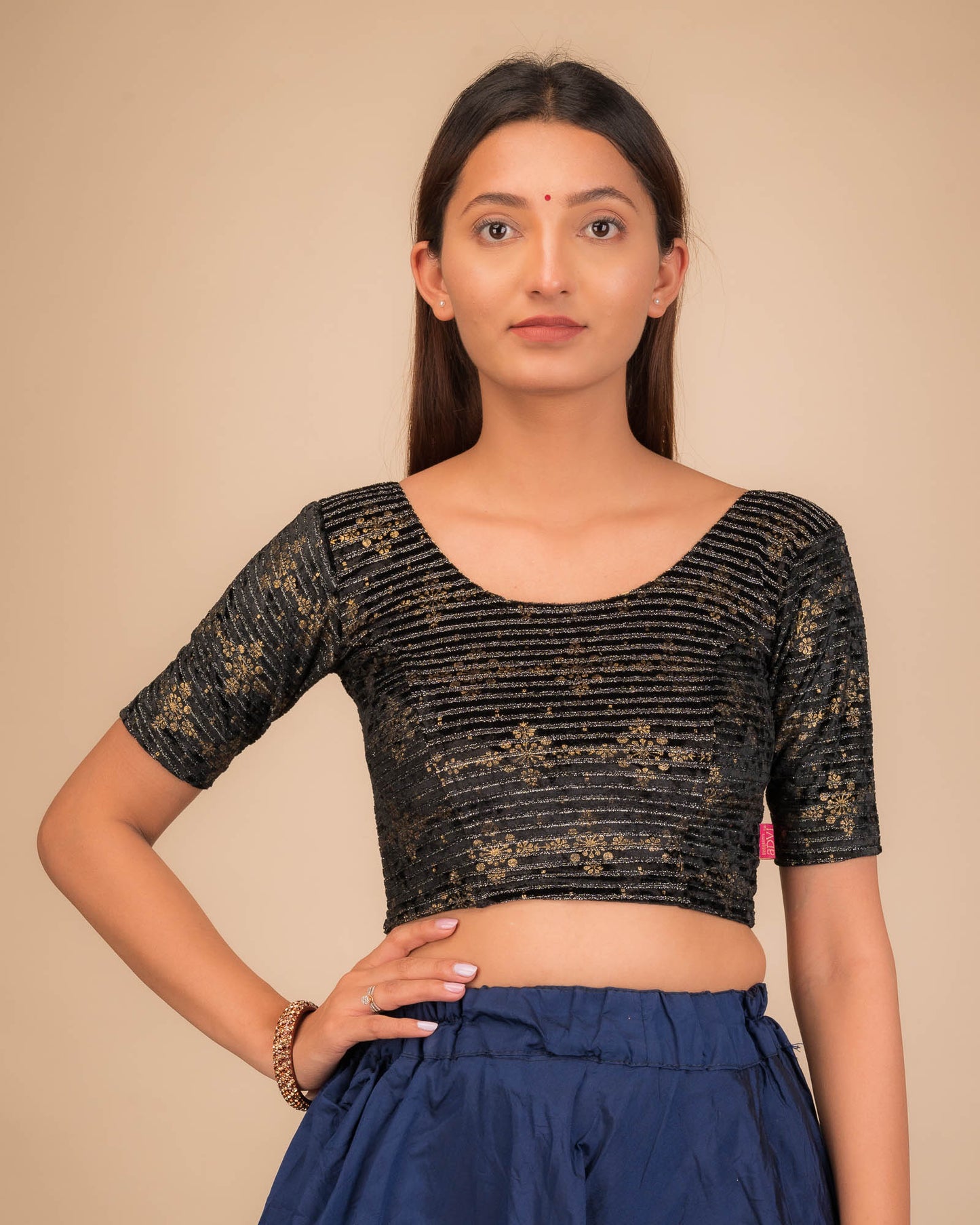 Veena Gold Metallic Foil Velvet Stretchable Slip On Blouse