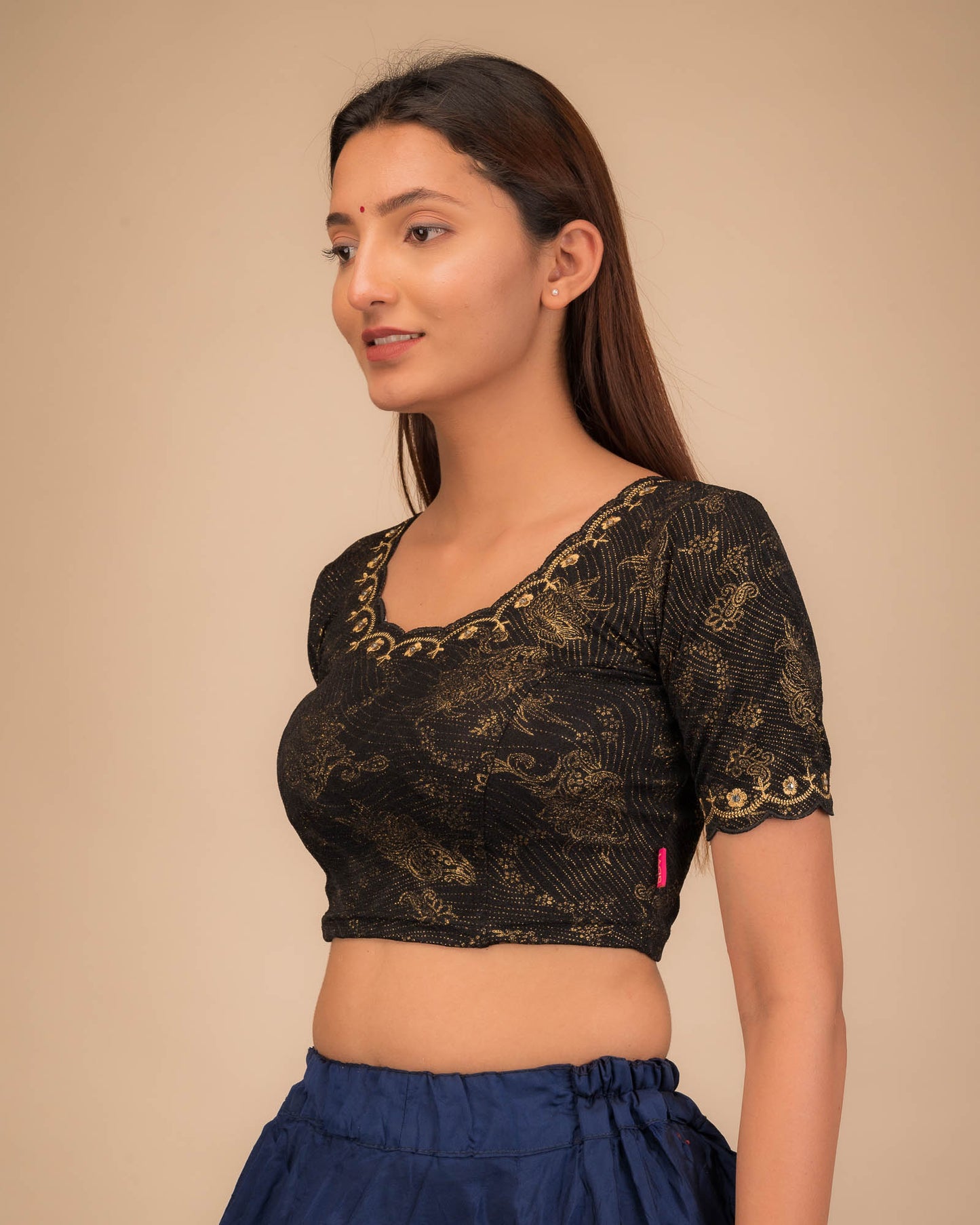 Kangoori Gold Zari Embroidery Scallops Stretchable Slip On Blouse