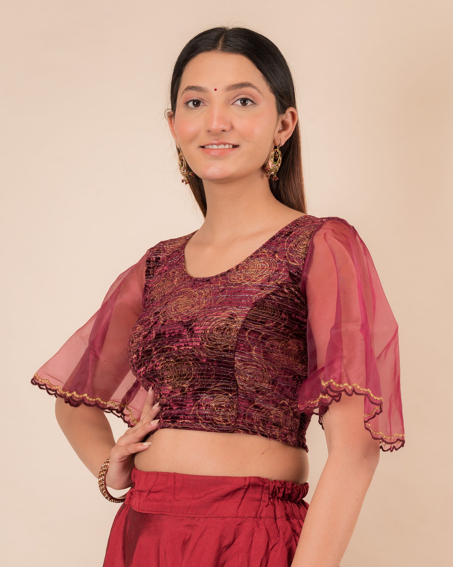 Aneeth Rose Velvet Embroidered Bell Organza Sleeves Stretchable Slip On Blouse