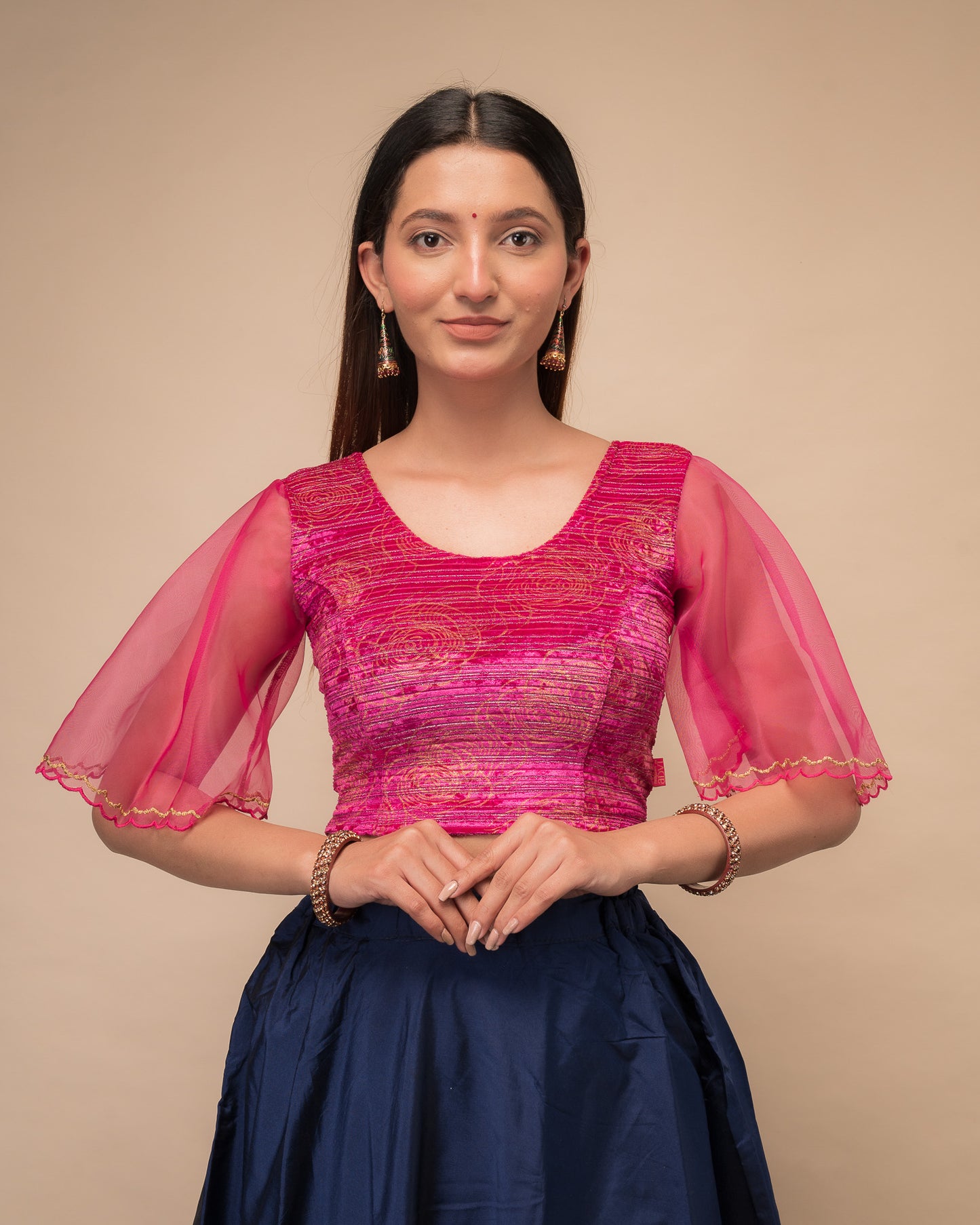 Aneeth Rose Velvet Embroidered Bell Organza Sleeves Stretchable Slip On Blouse