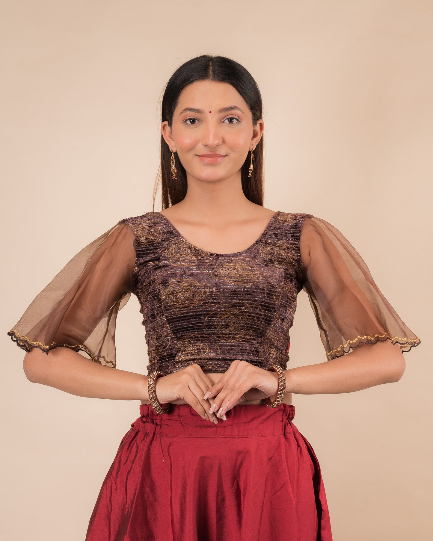 Aneeth Rose Velvet Embroidered Bell Organza Sleeves Stretchable Slip On Blouse