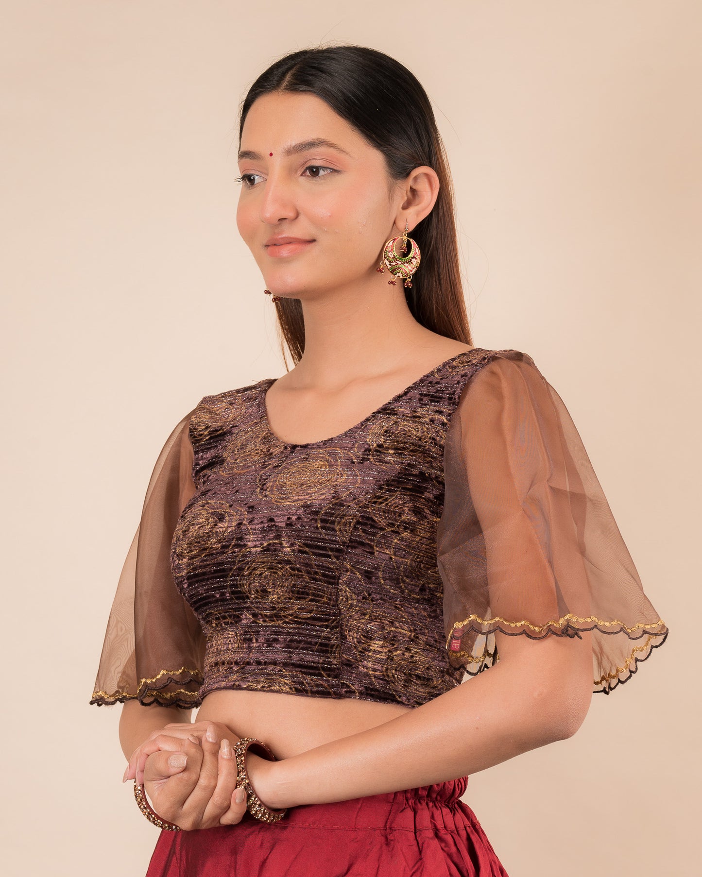 Aneeth Rose Velvet Embroidered Bell Organza Sleeves Stretchable Slip On Blouse