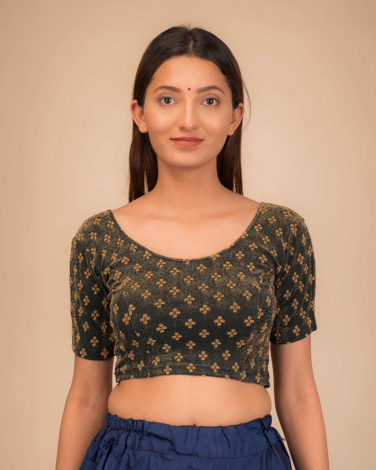 Anavila Gold Zari Buti Stretchable Slip On Blouse