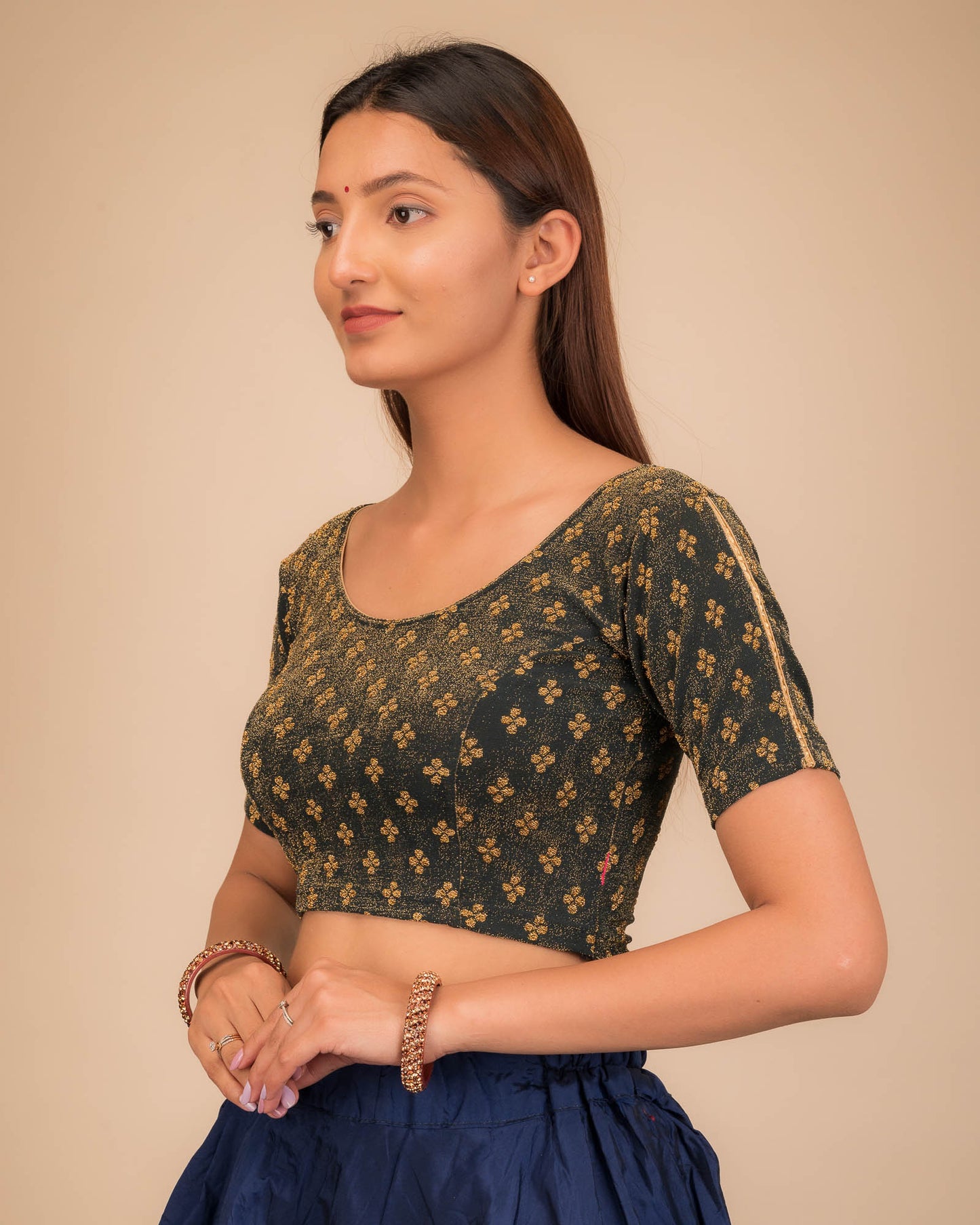 Anavila Gold Zari Buti Stretchable Slip On Blouse