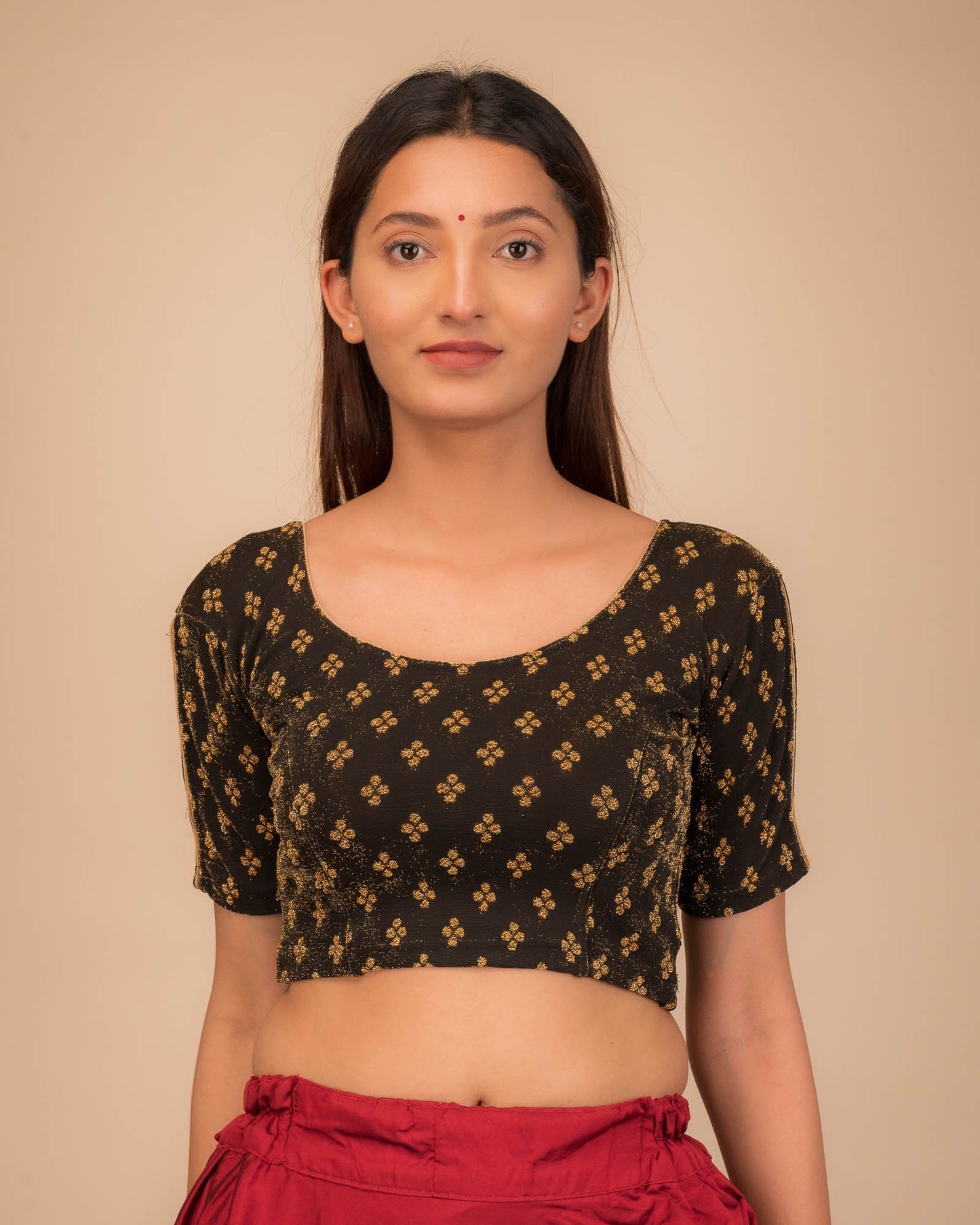 Anavila Gold Zari Buti Stretchable Slip On Blouse