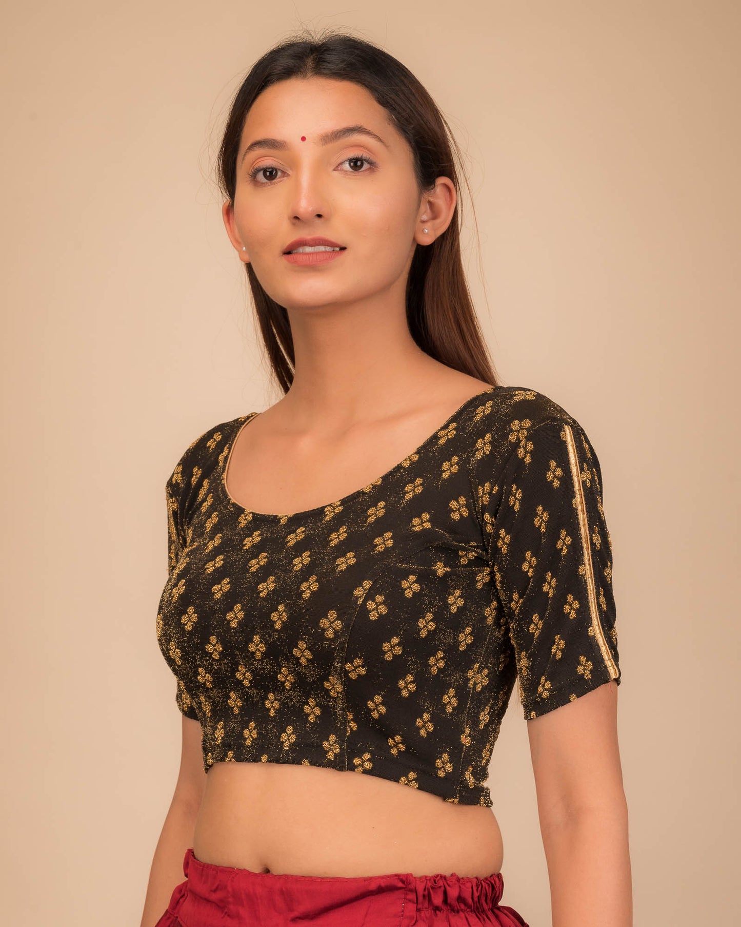 Anavila Gold Zari Buti Stretchable Slip On Blouse