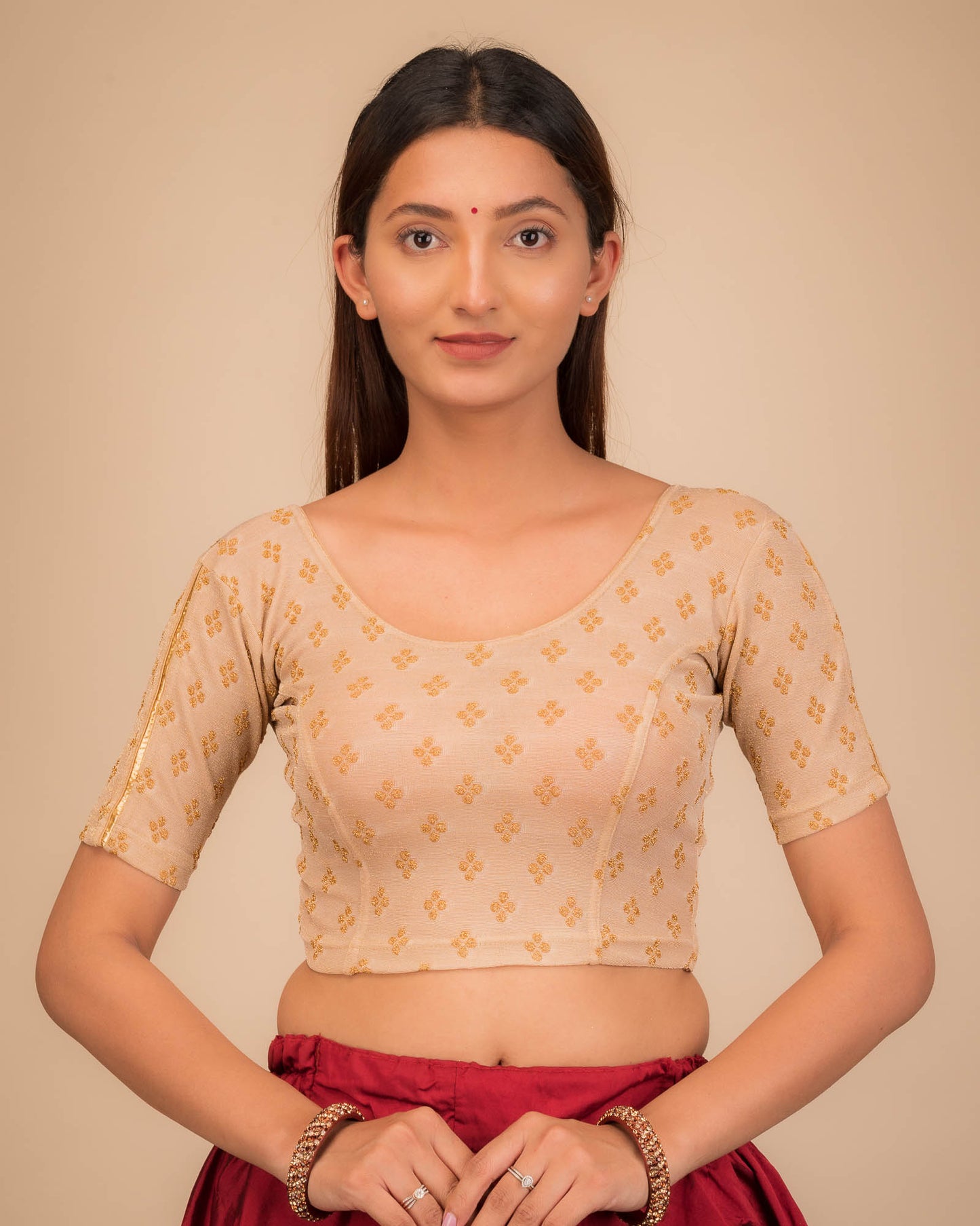 Anavila Gold Zari Buti Stretchable Slip On Blouse