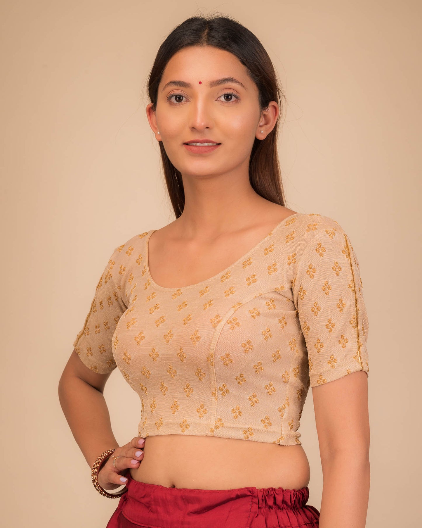 Anavila Gold Zari Buti Stretchable Slip On Blouse