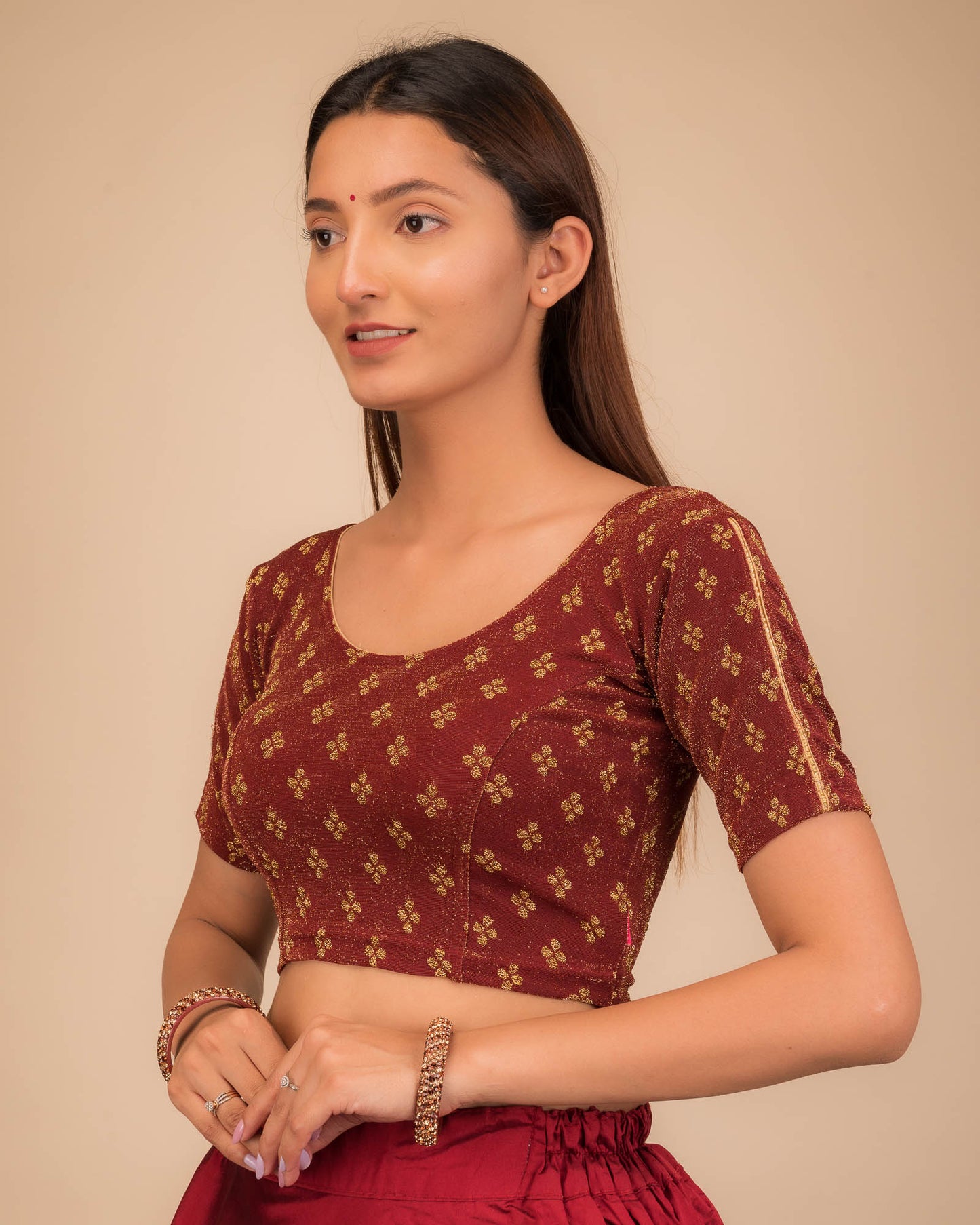 Anavila Gold Zari Buti Stretchable Slip On Blouse