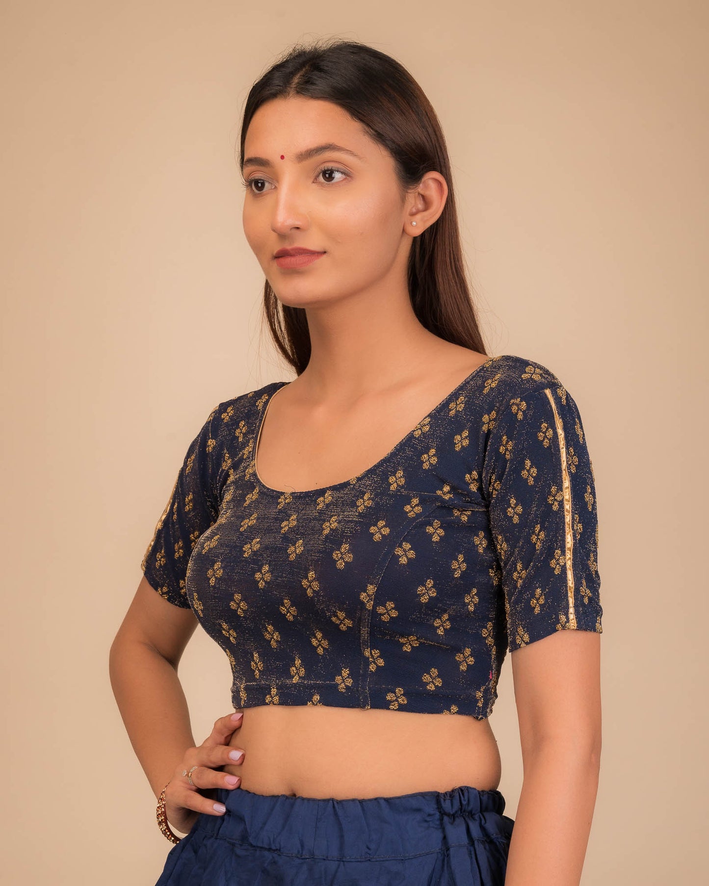 Anavila Gold Zari Buti Stretchable Slip On Blouse