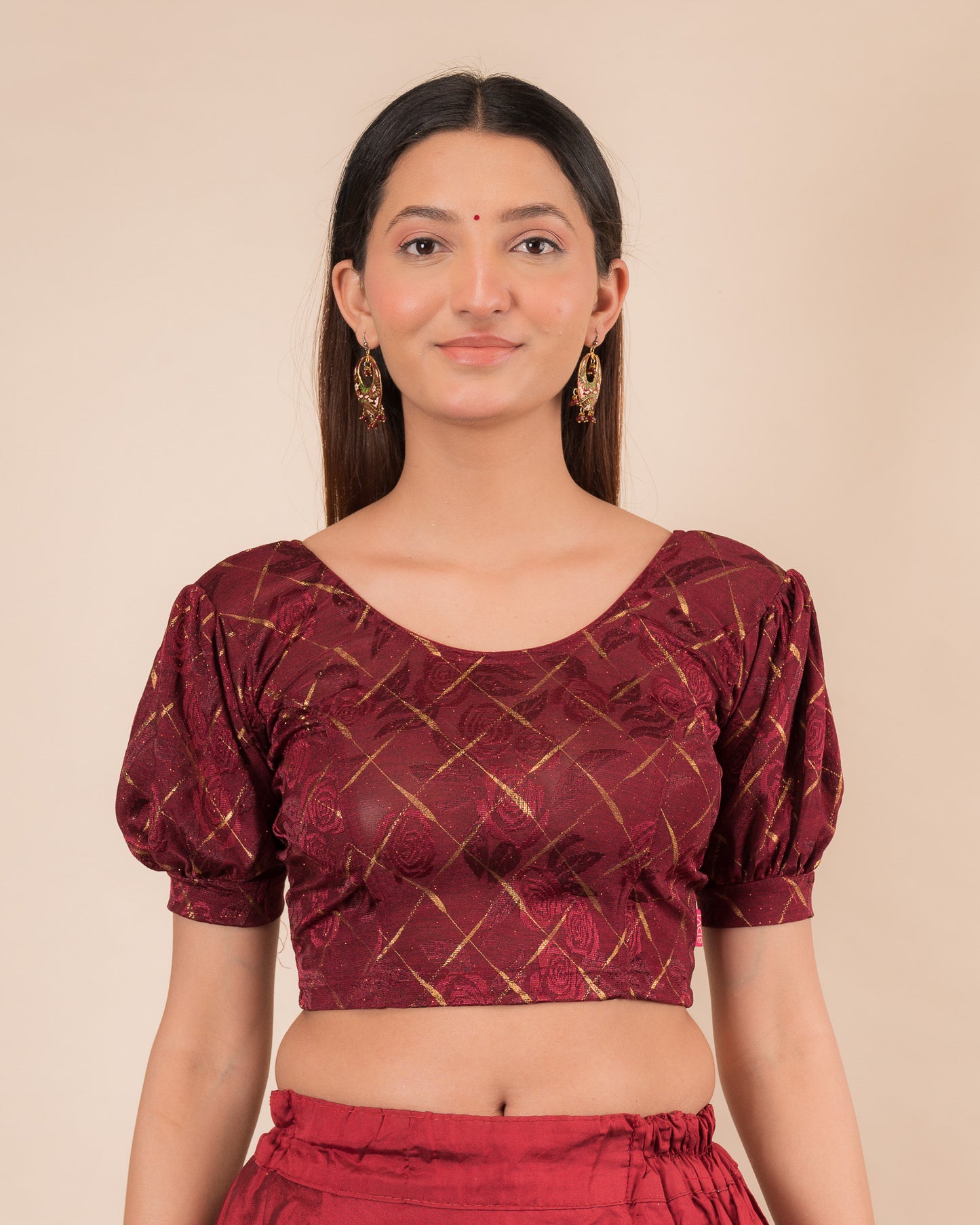 Gauri Puff Sleeve Check Pattern Gold Glitter Stretchable Slip On Blouse