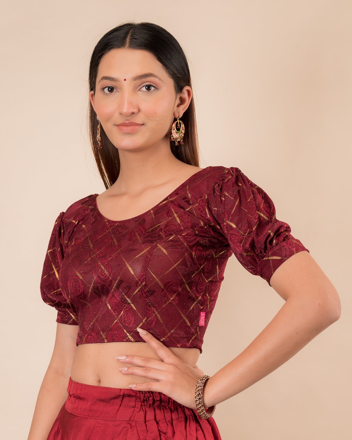 Gauri Puff Sleeve Check Pattern Gold Glitter Stretchable Slip On Blouse