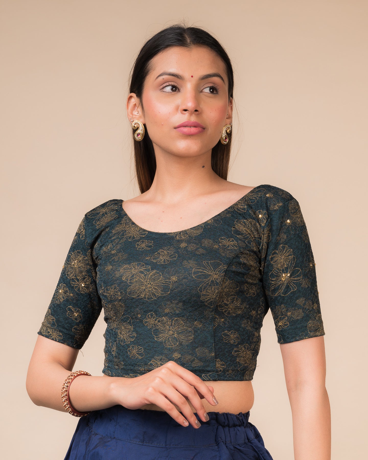 Taara Floral Foil with Stone Work Stretchable Slip On Blouse