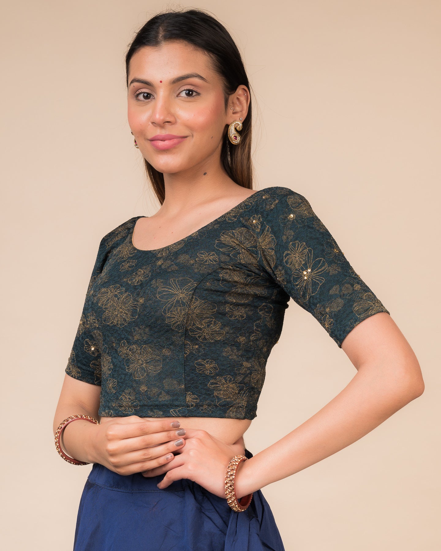 Taara Floral Foil with Stone Work Stretchable Slip On Blouse