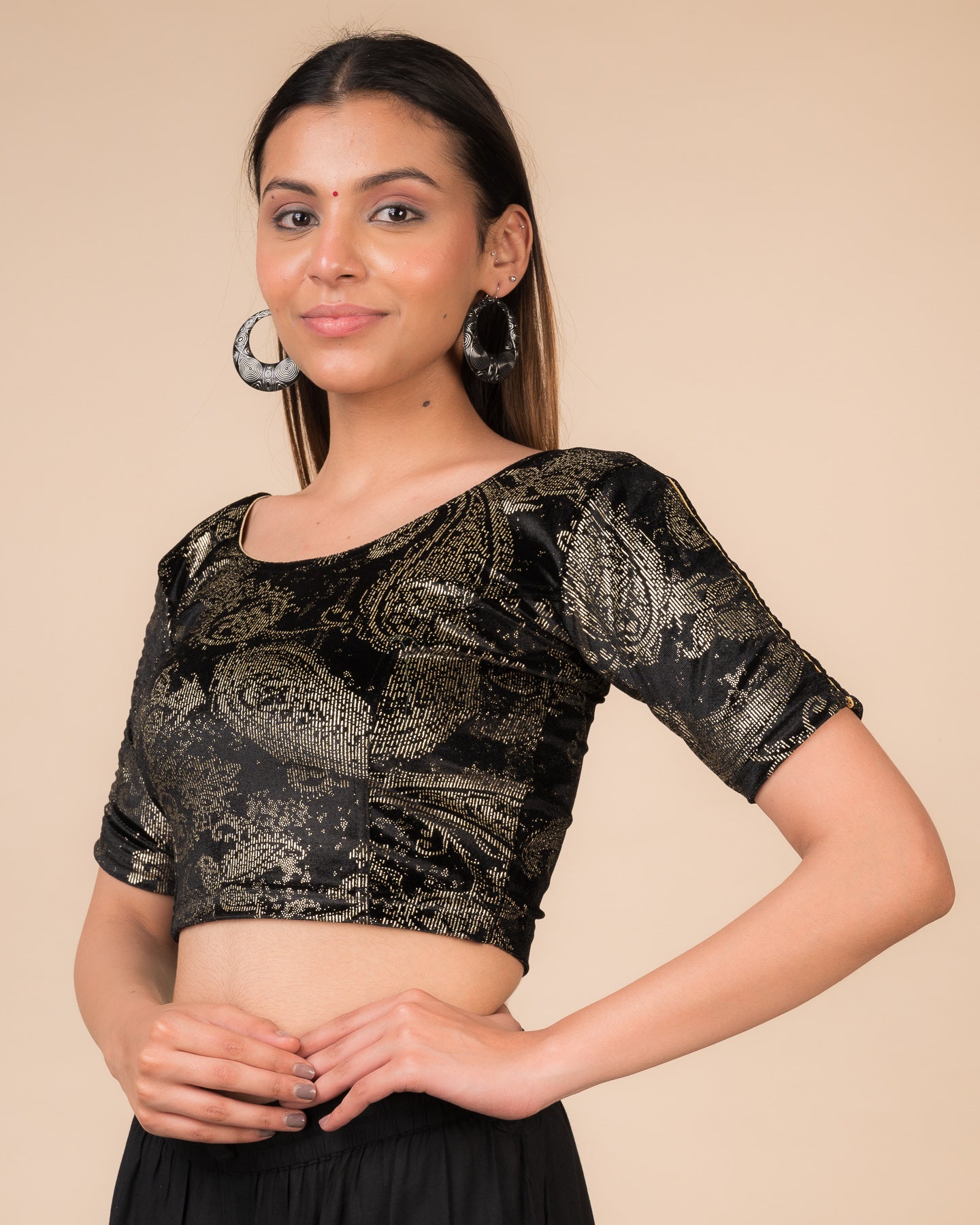 Alaya Gold Keri Velvet Gota detailing Stretchable Slip on Blouse