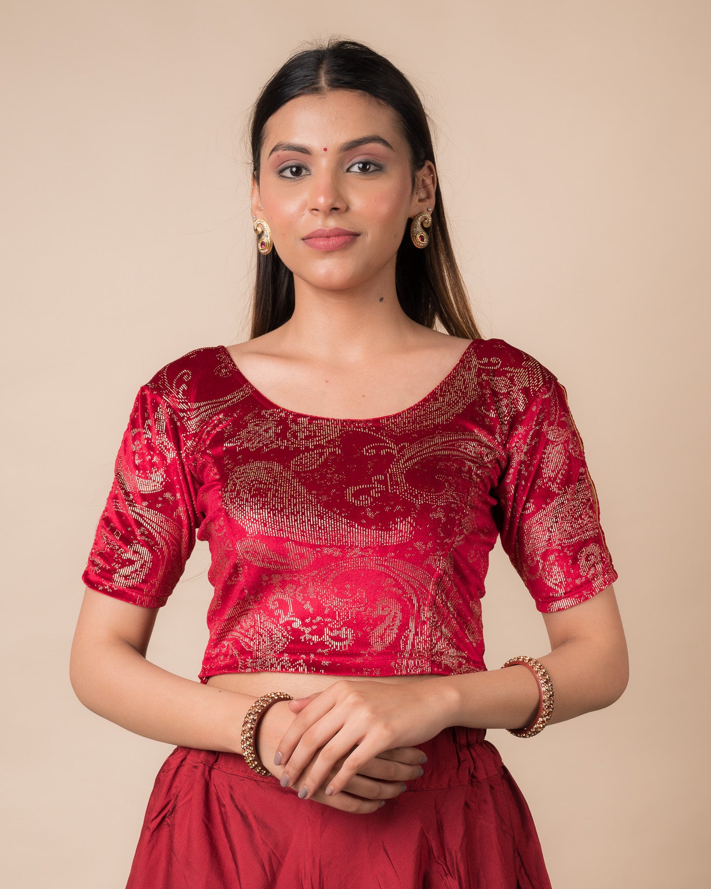 Alaya Gold Keri Velvet Gota detailing Stretchable Slip on Blouse