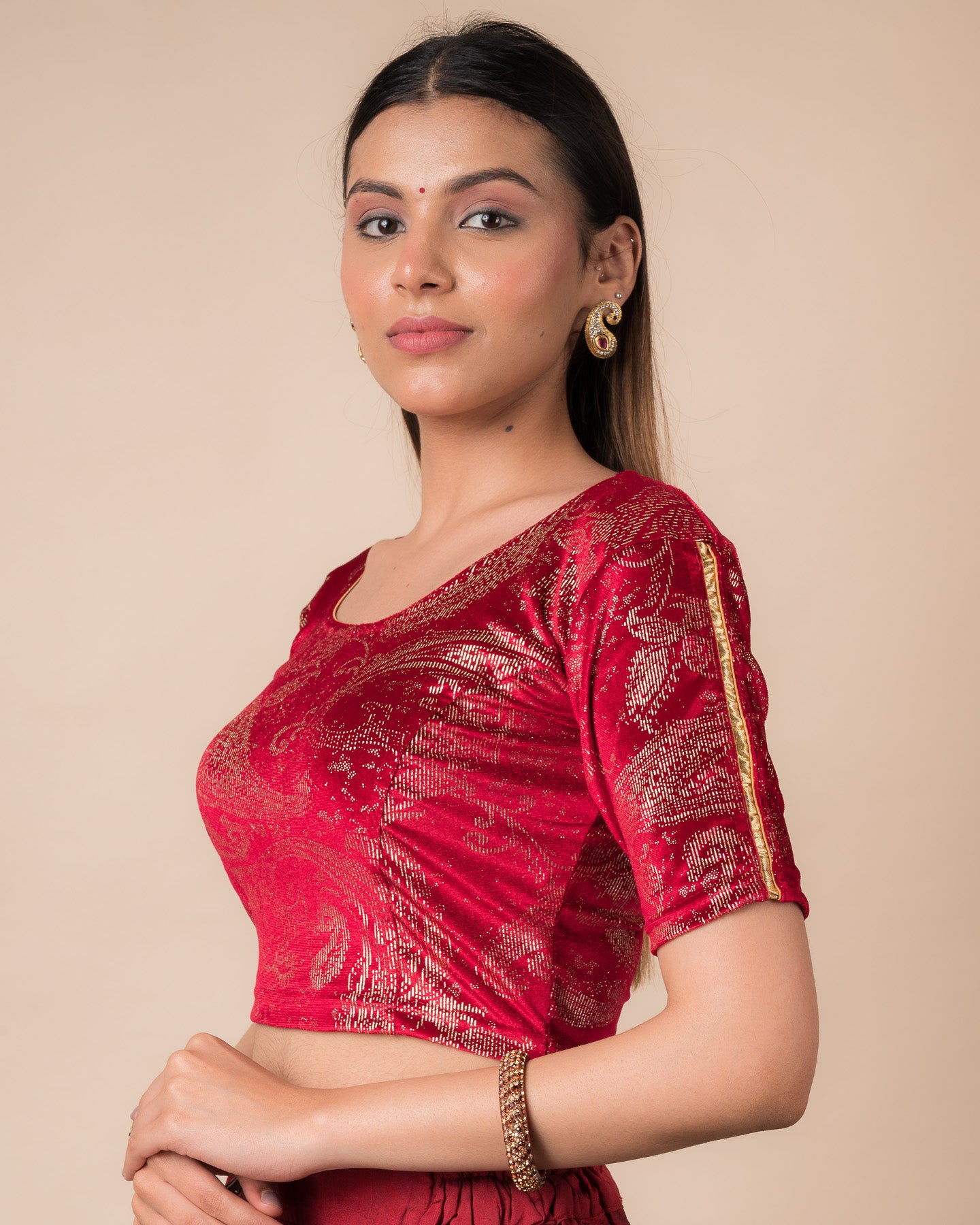 Alaya Gold Keri Velvet Gota detailing Stretchable Slip on Blouse