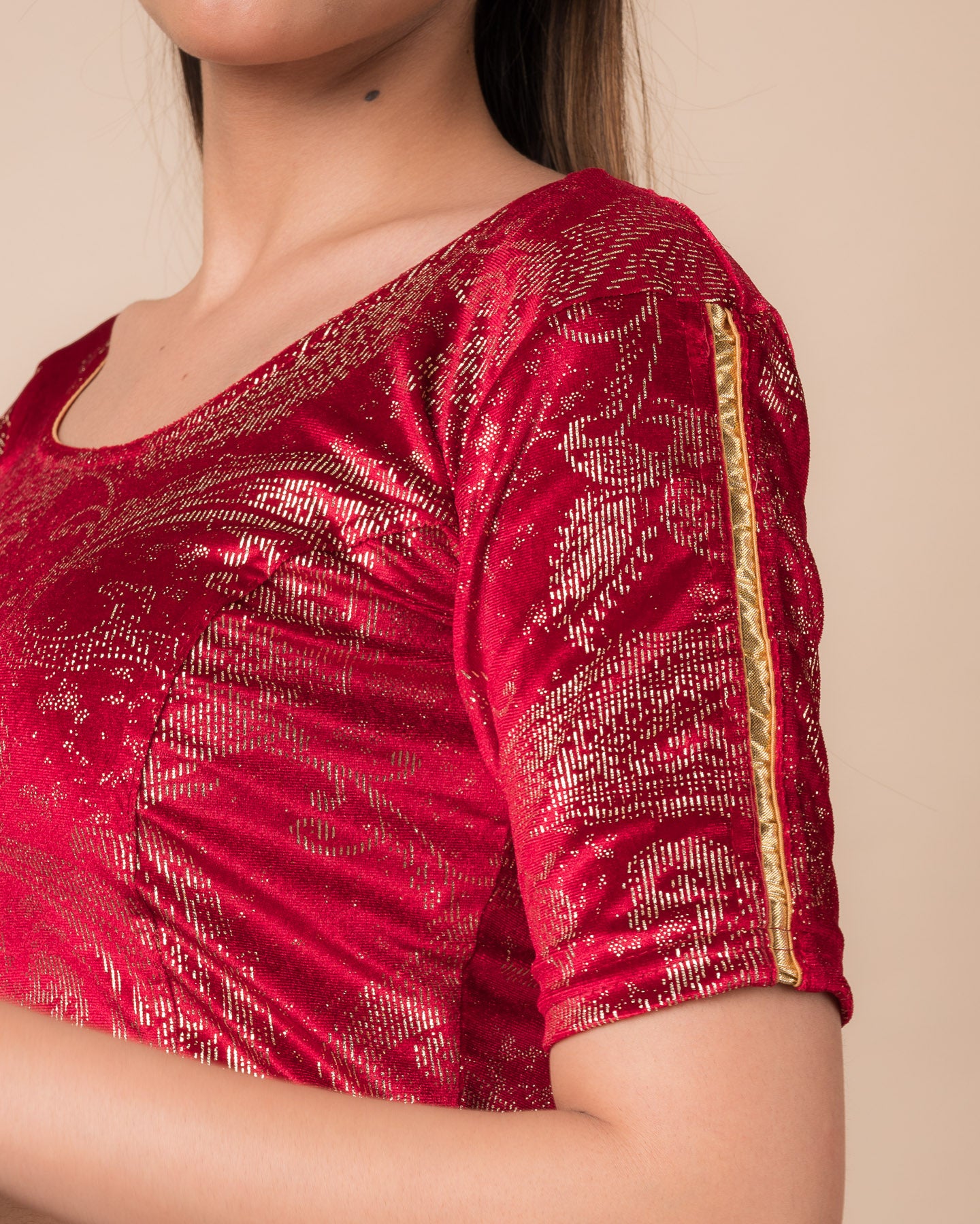 Alaya Gold Keri Velvet Gota detailing Stretchable Slip on Blouse