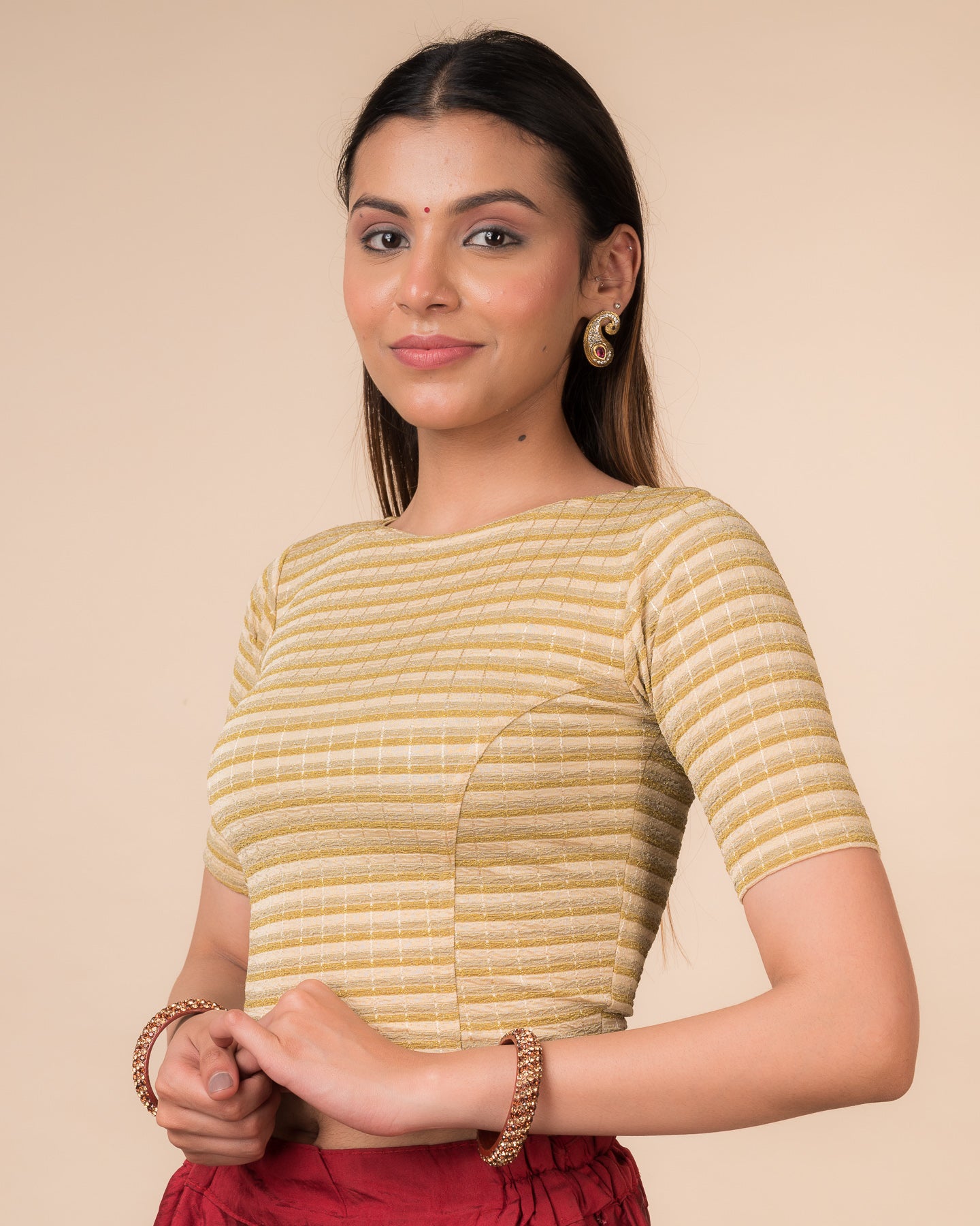 Nupur Metallic Stripes Boat Neck Stretchable Slip on Blouse