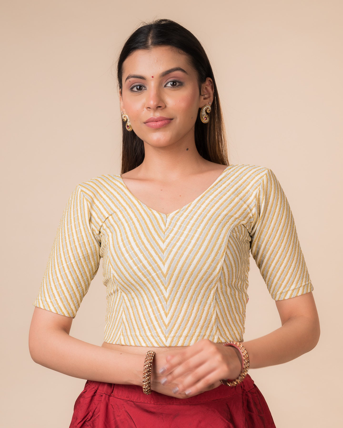 Bebo Metallic Stripes V Neck Stretchable Slip On Blouse