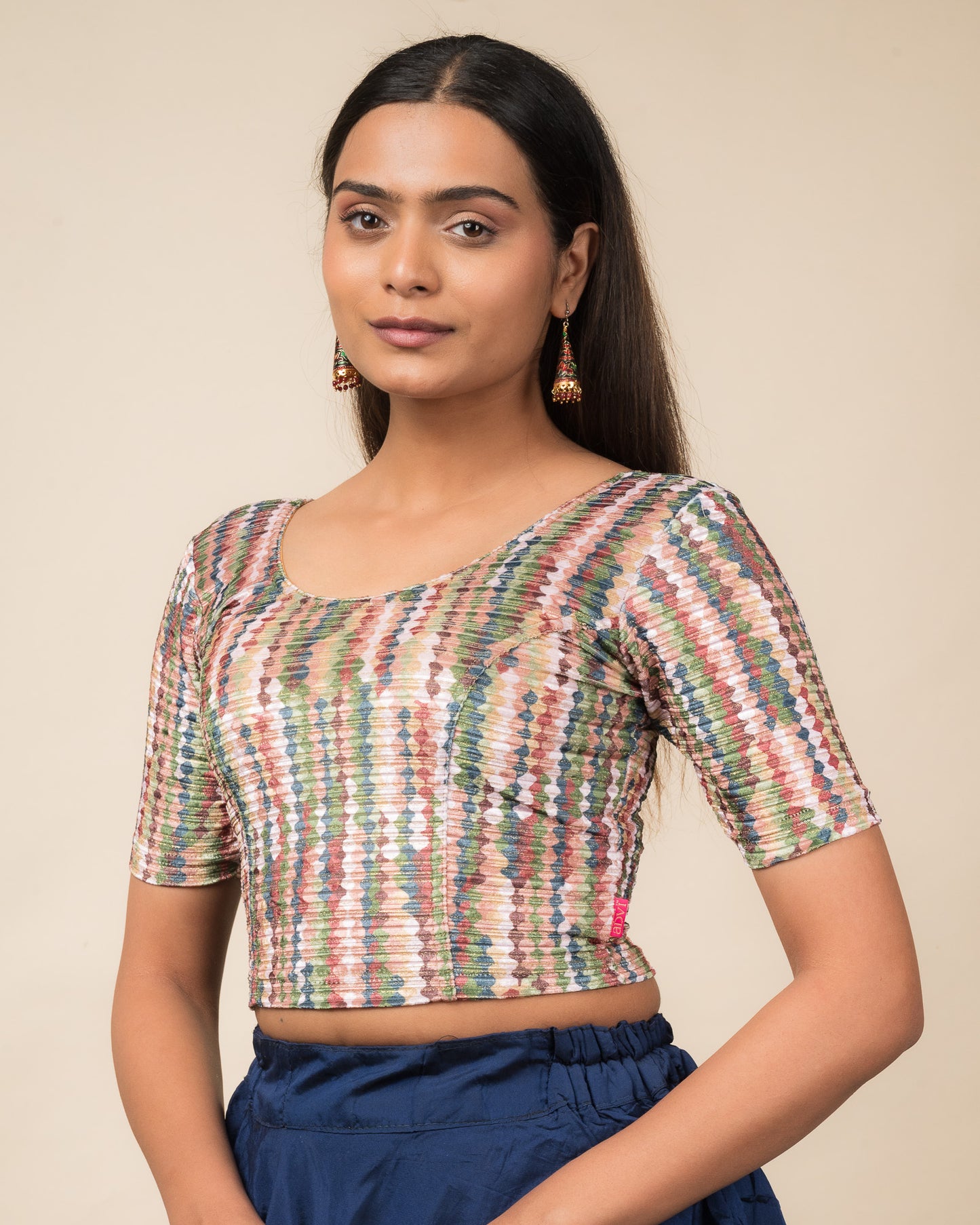 Dunki Print Multicolour Velvet Zari Stripes Stretchable Slip On Blouse