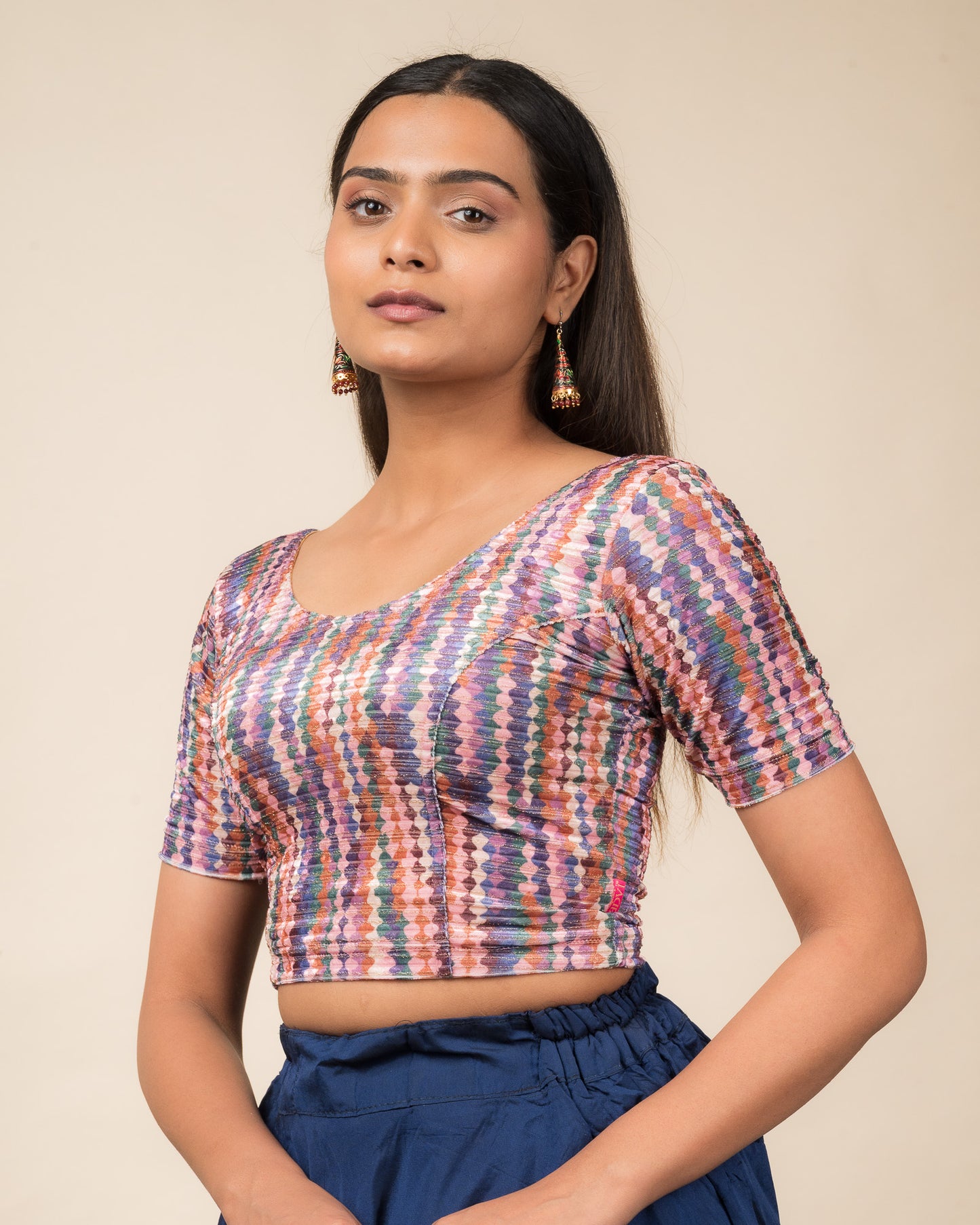 Dunki Print Multicolour Velvet Zari Stripes Stretchable Slip On Blouse