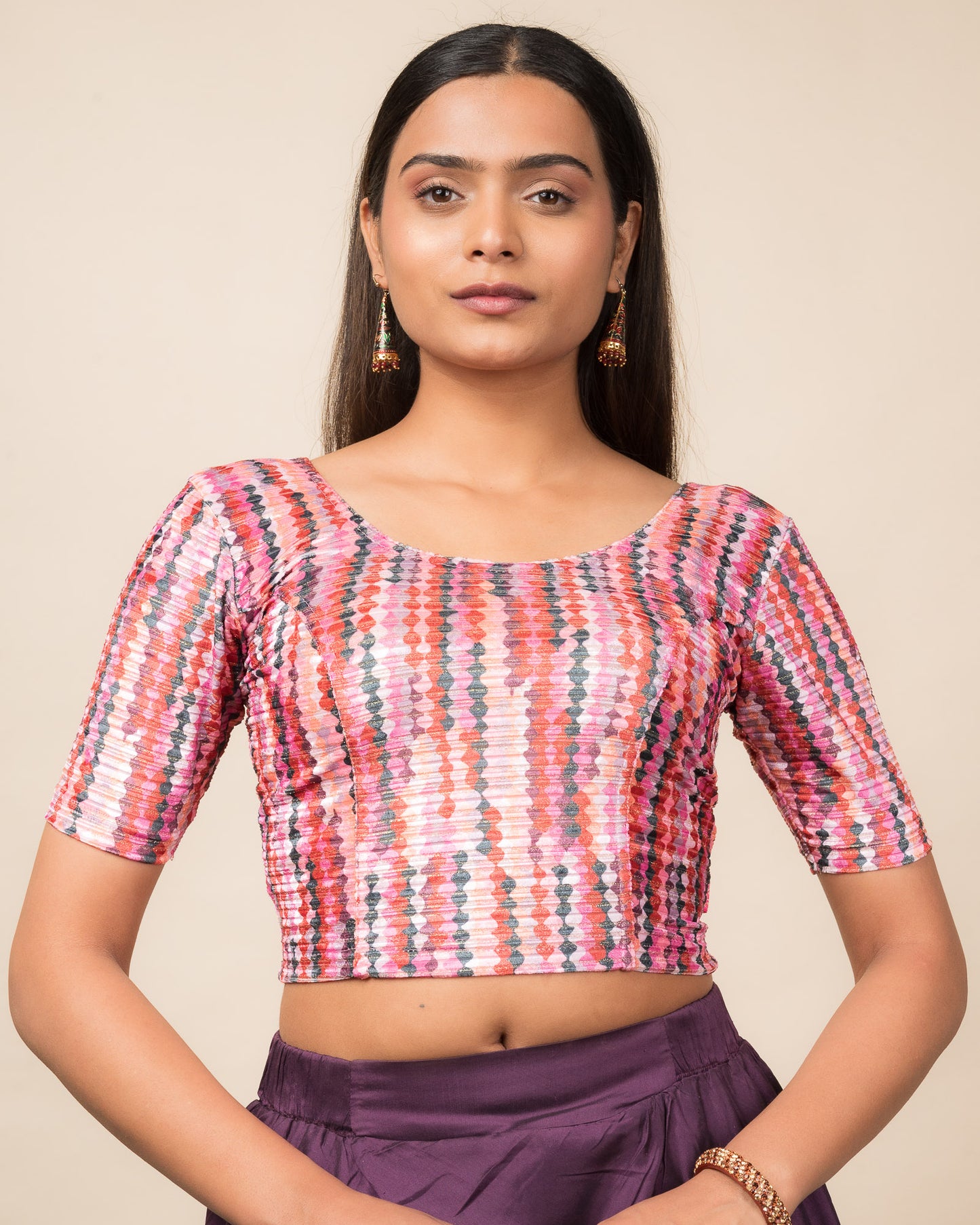 Dunki Print Multicolour Velvet Zari Stripes Stretchable Slip On Blouse