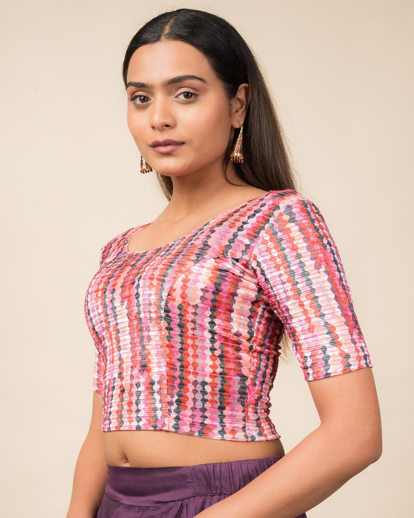 Dunki Print Multicolour Velvet Zari Stripes Stretchable Slip On Blouse