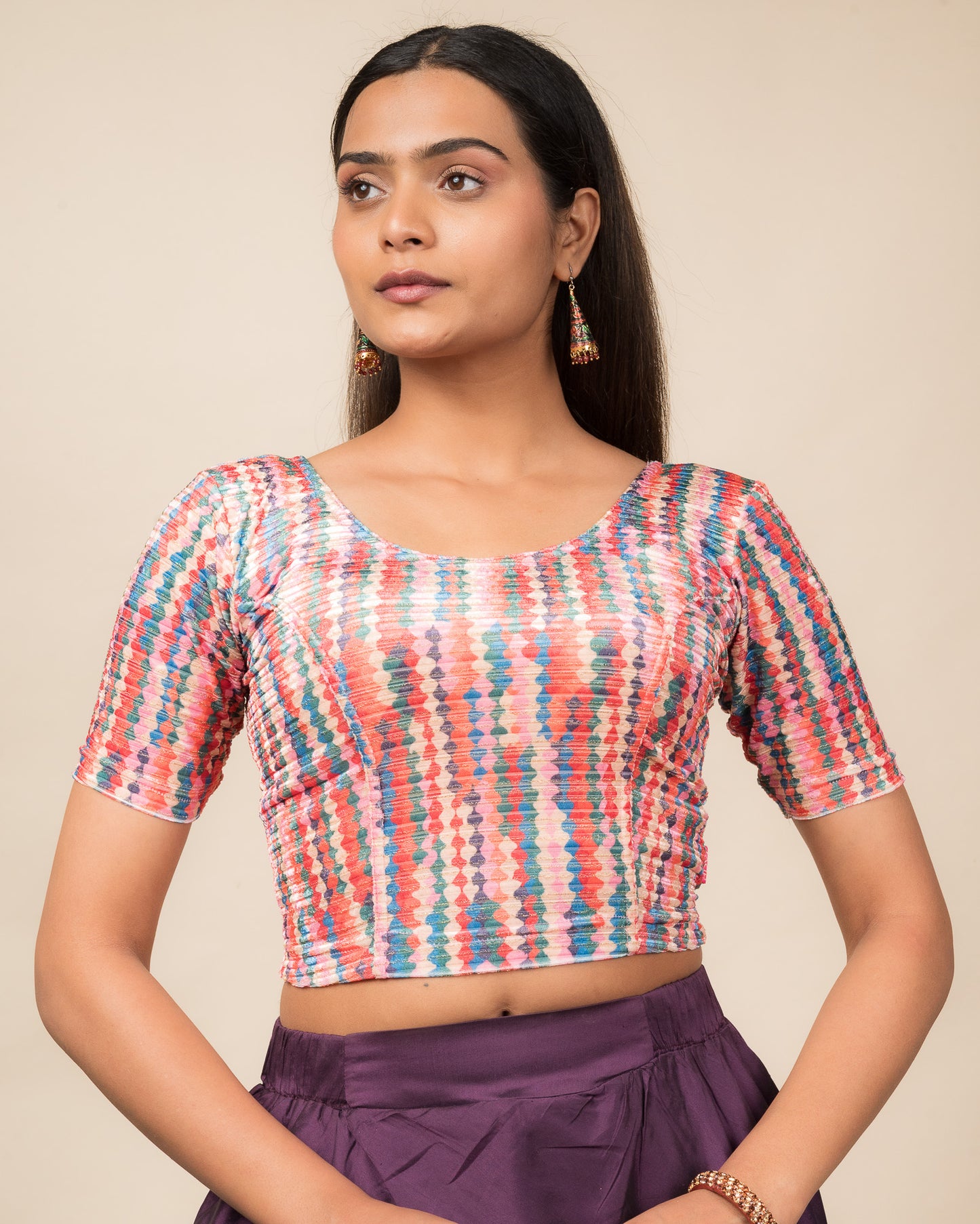 Dunki Print Multicolour Velvet Zari Stripes Stretchable Slip On Blouse