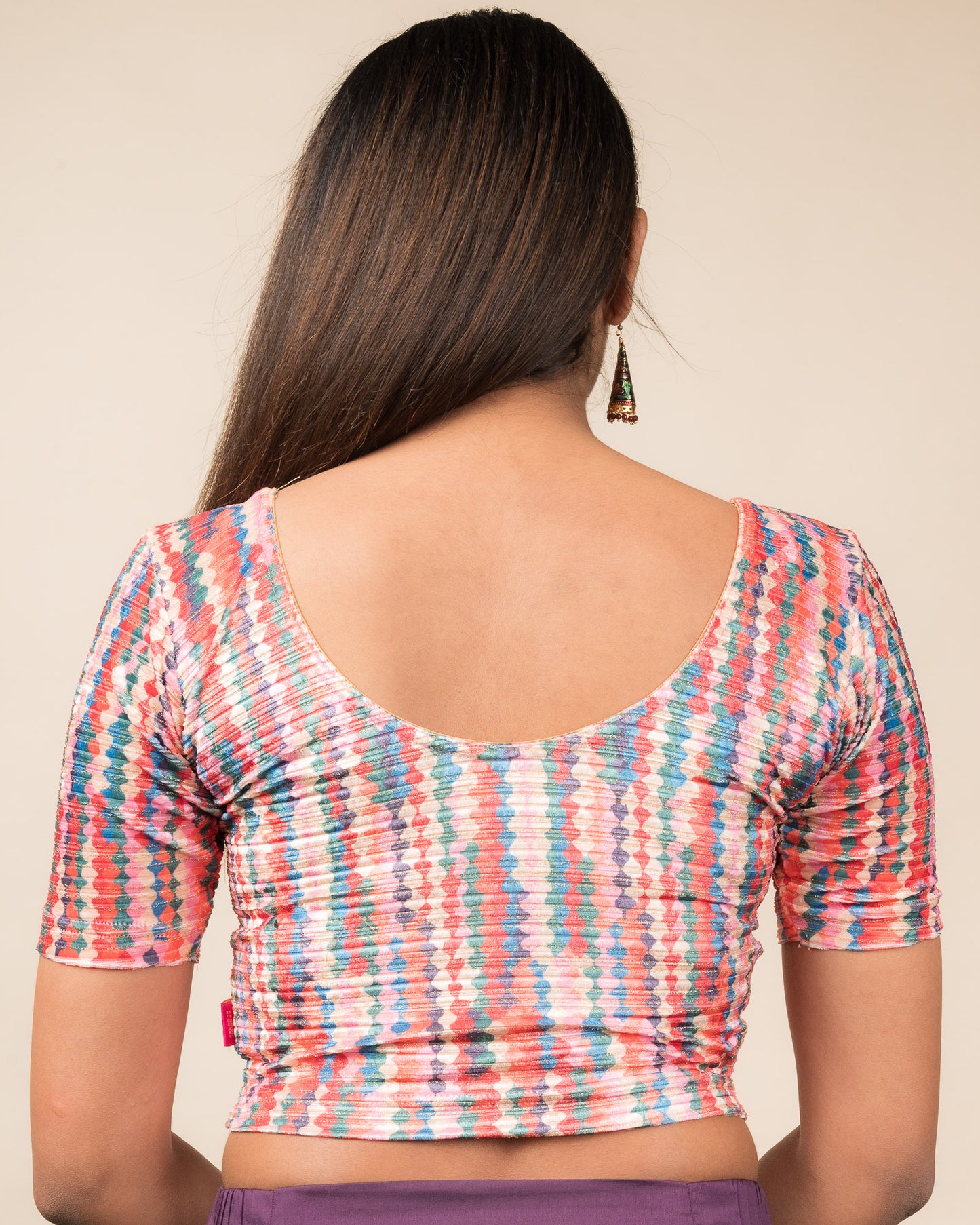 Dunki Print Multicolour Velvet Zari Stripes Stretchable Slip On Blouse