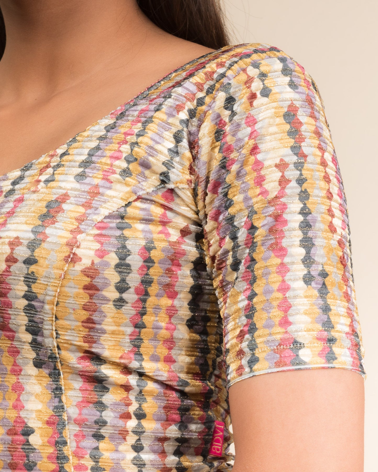 Dunki Print Multicolour Velvet Zari Stripes Stretchable Slip On Blouse