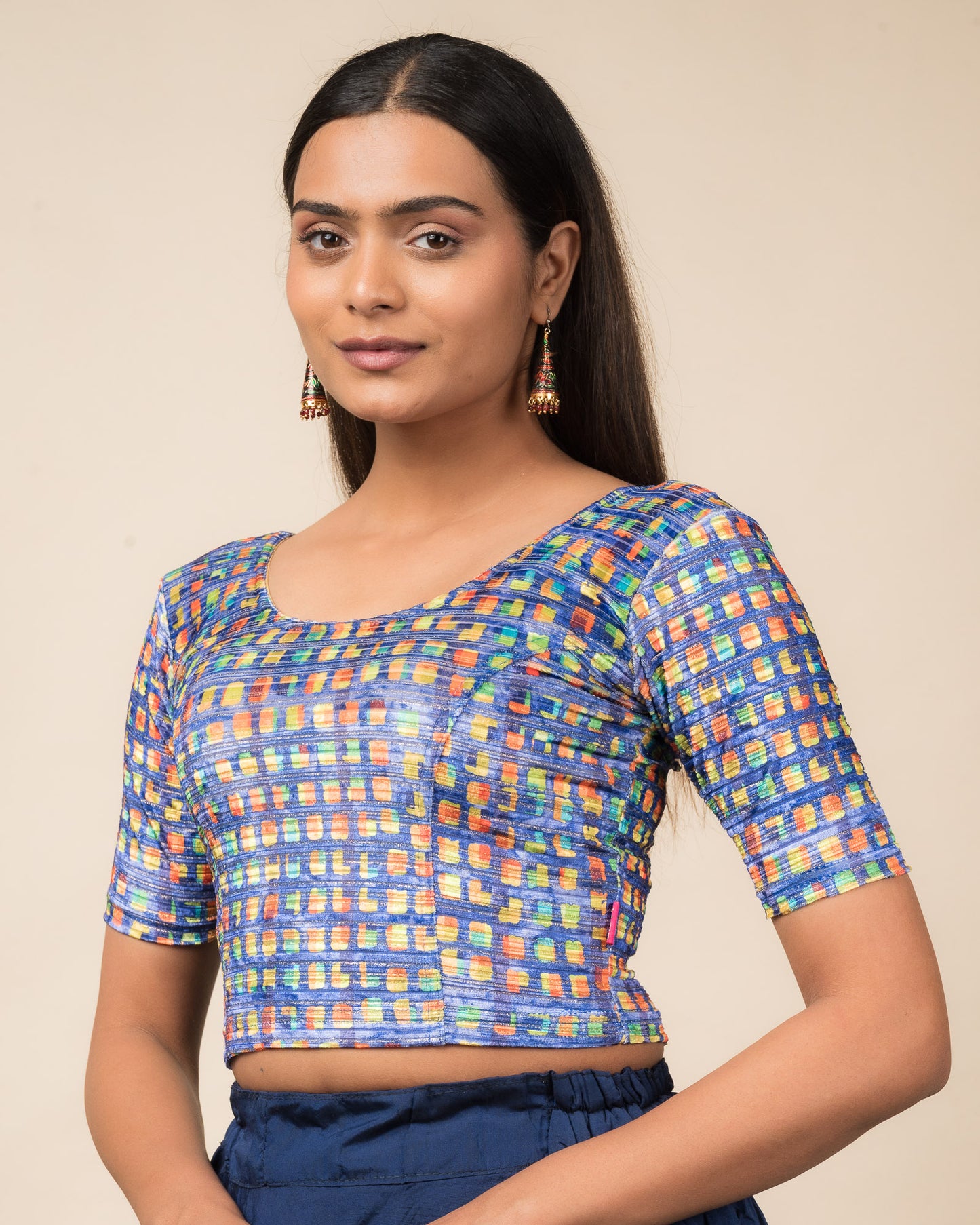 Dunki Print Multicolour Velvet Zari Stripes Stretchable Slip On Blouse