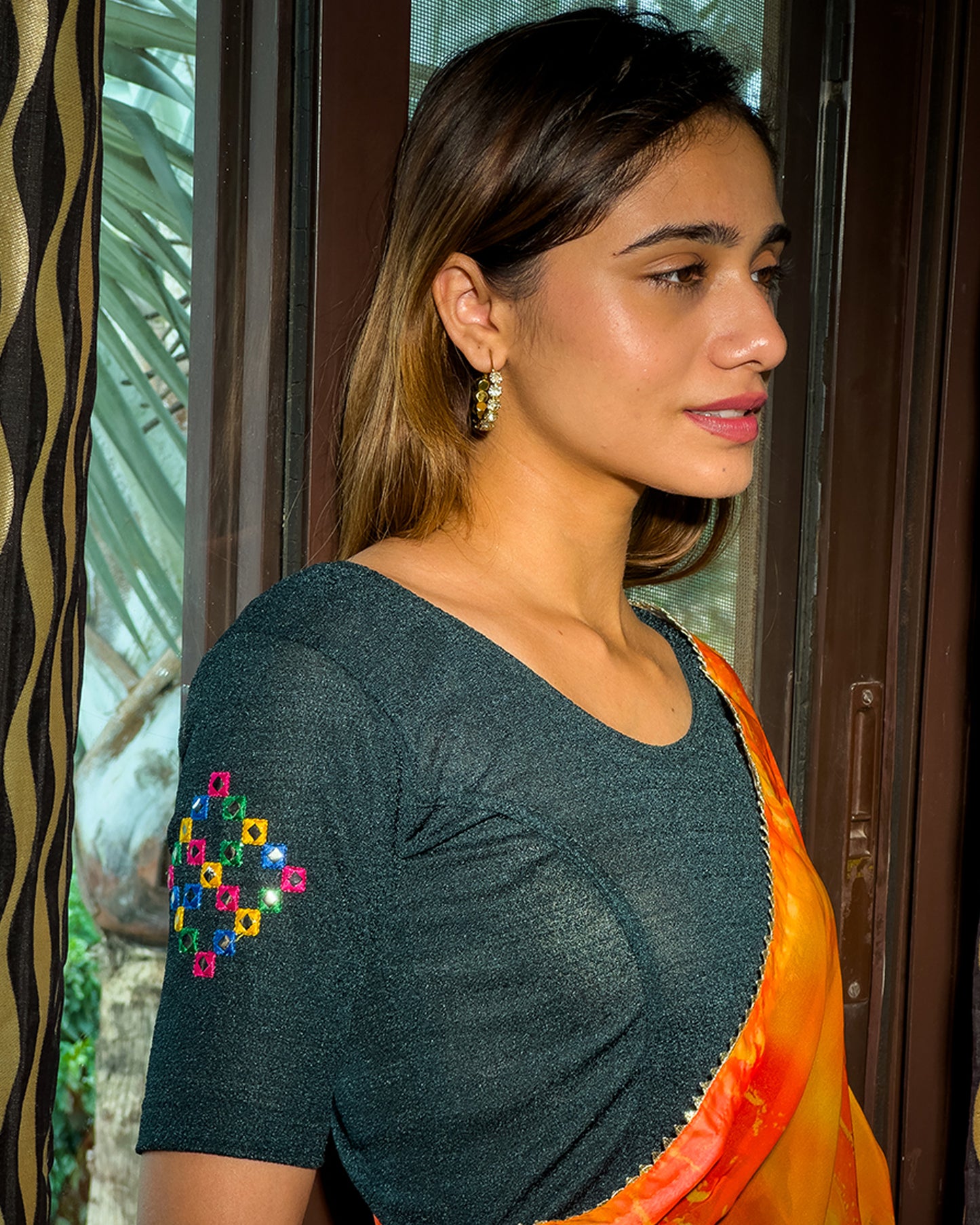 Multicolour Mirror Work Embroidered Stretchable Slip on Blouse