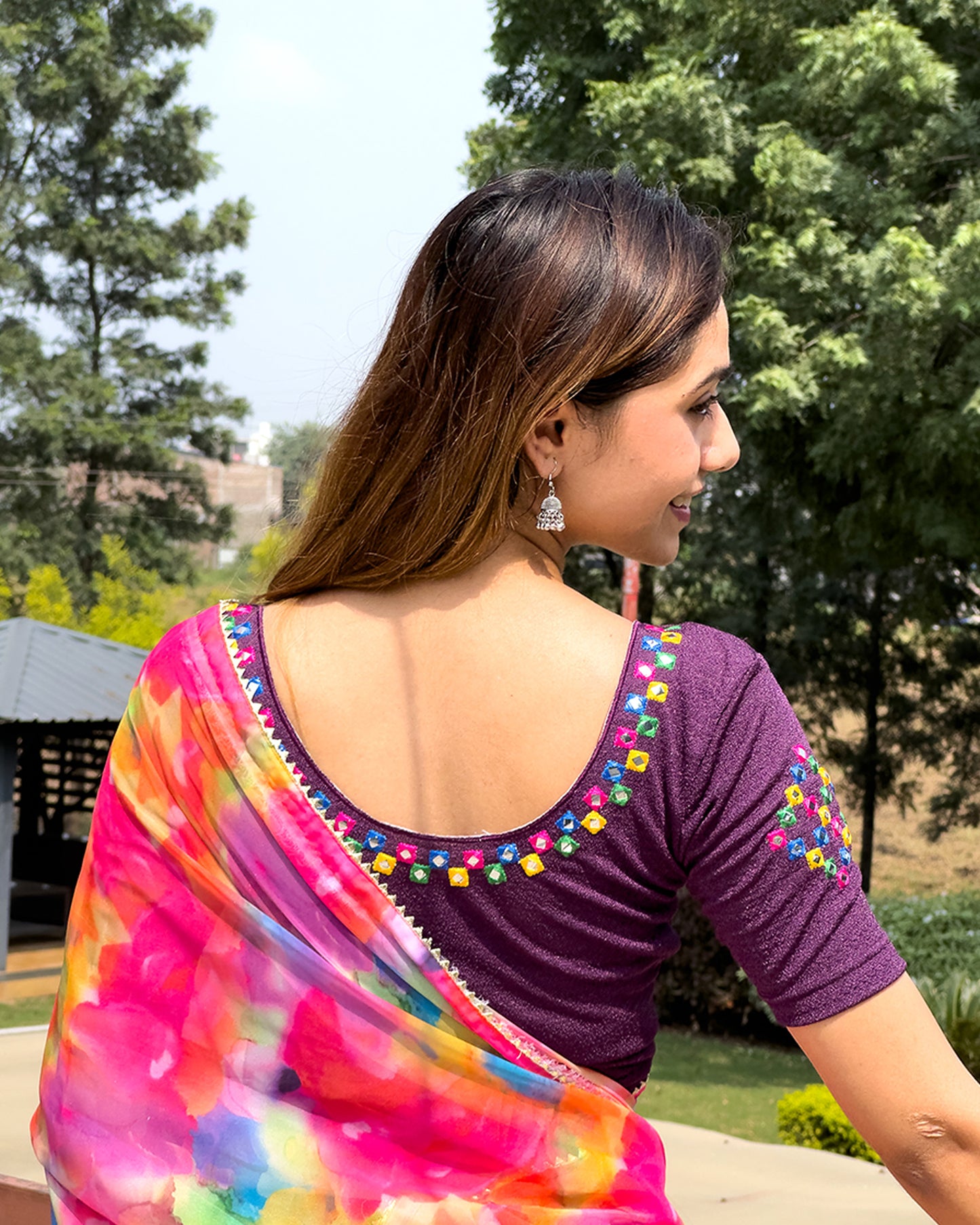 Multicolour Mirror Work Embroidered Stretchable Slip on Blouse