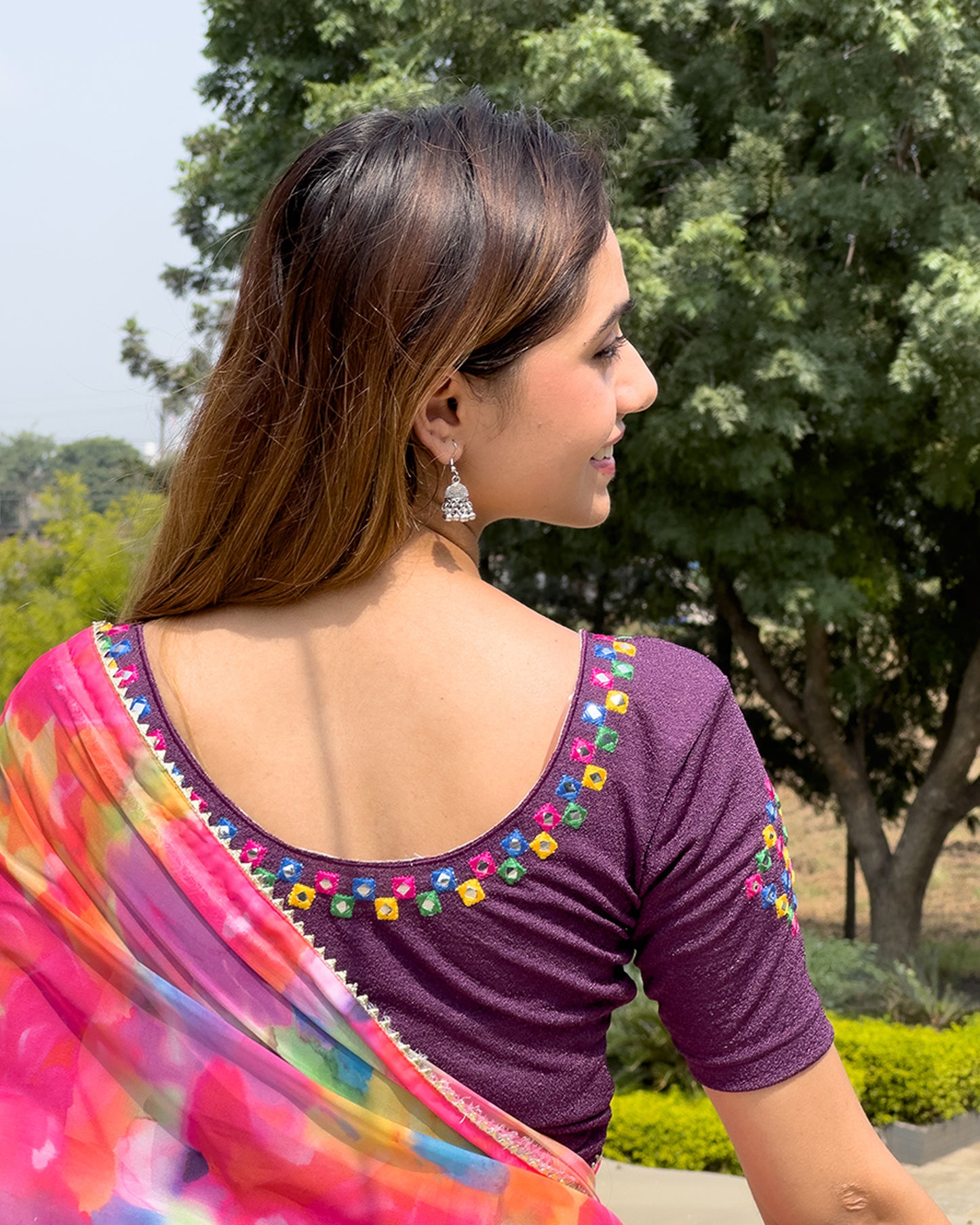 Multicolour Mirror Work Embroidered Stretchable Slip on Blouse