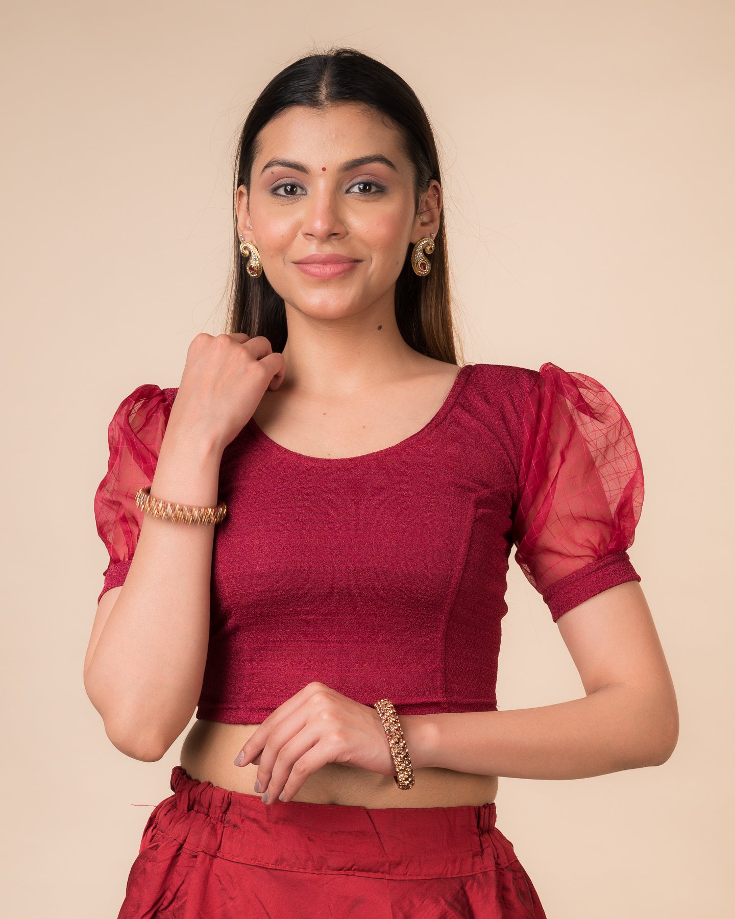 Madhubala Sheer Organza Voluminous Puff Sleeve Stretchable Slip on Blouse