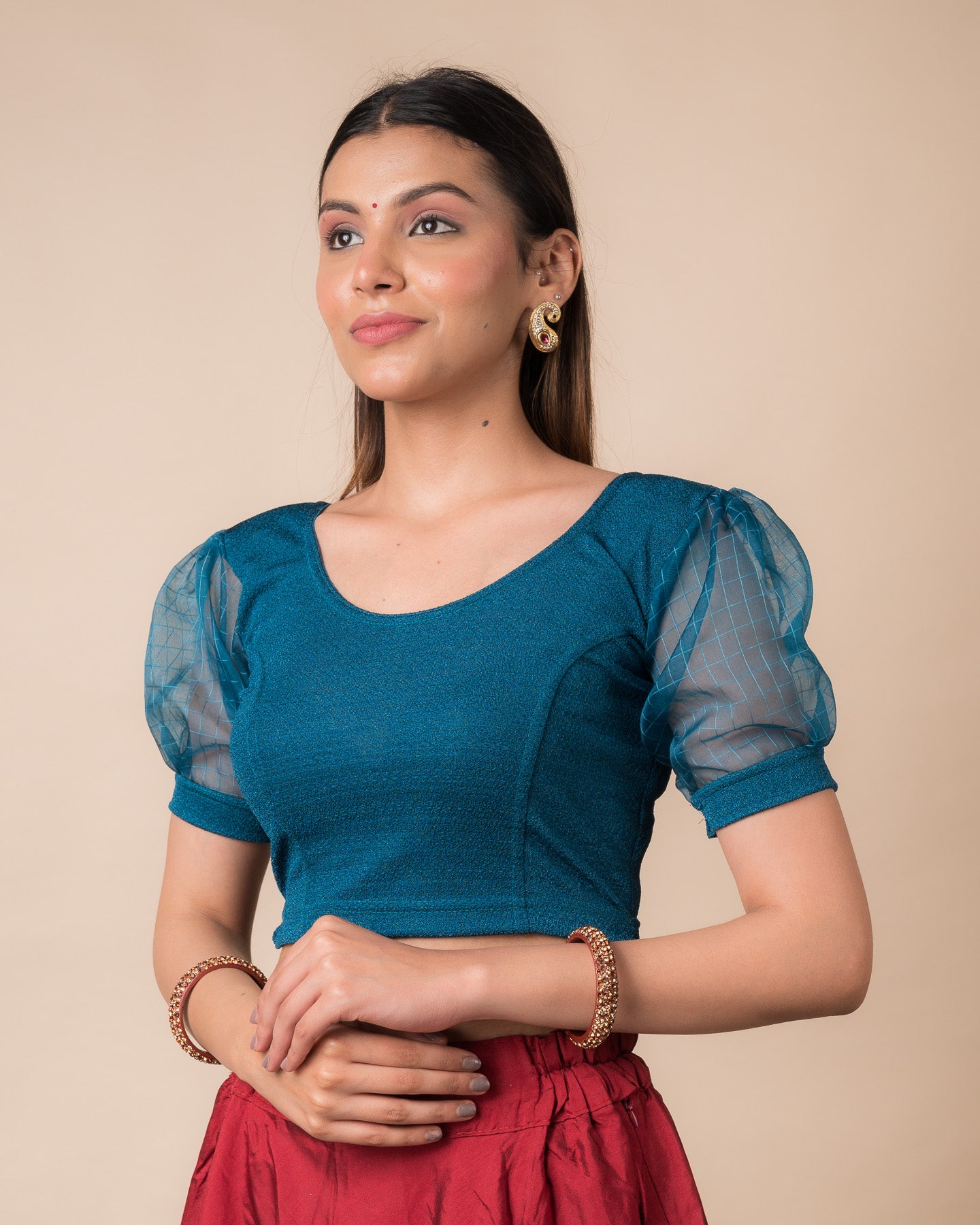 Madhubala Sheer Organza Voluminous Puff Sleeve Stretchable Slip on Blouse