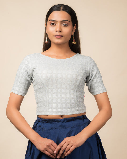 Naksh Boatneck Metallic Checks Embossed Stretchable Slip On Blouse