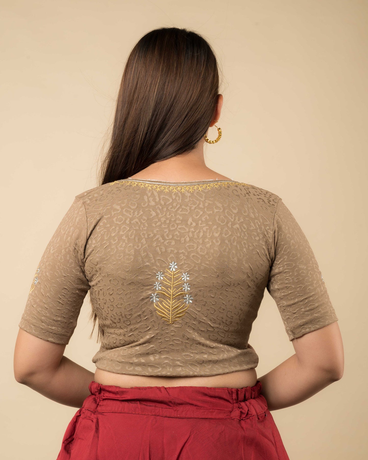 Tia Embroidery Motif Gold Silver Stretchable Slip On Blouse