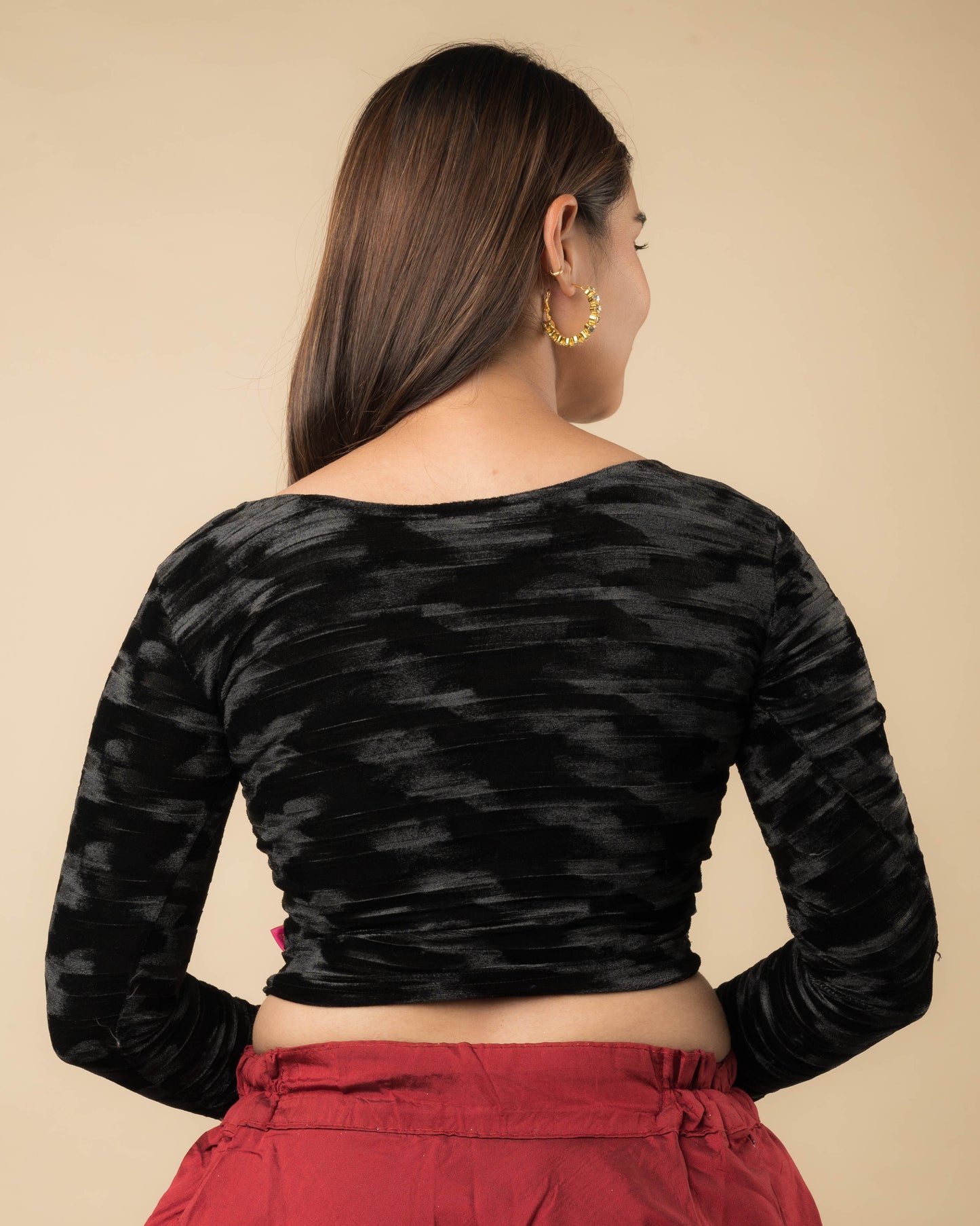 Kavya Long Sleeve Velvet Zari Lace Cuff Stretchable Slip on Blouse