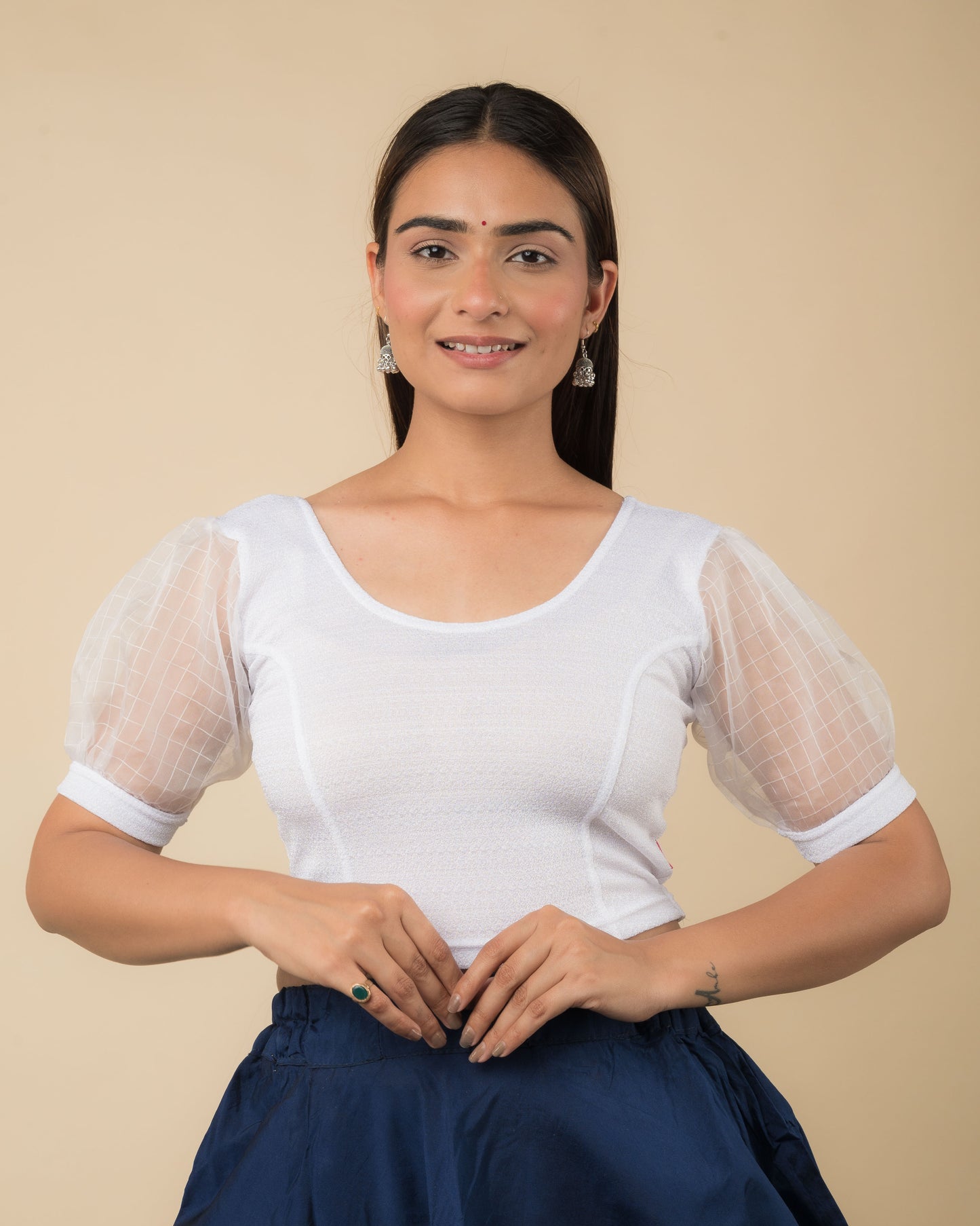 Madhubala Sheer Organza Voluminous Puff Sleeve Stretchable Slip on Blouse